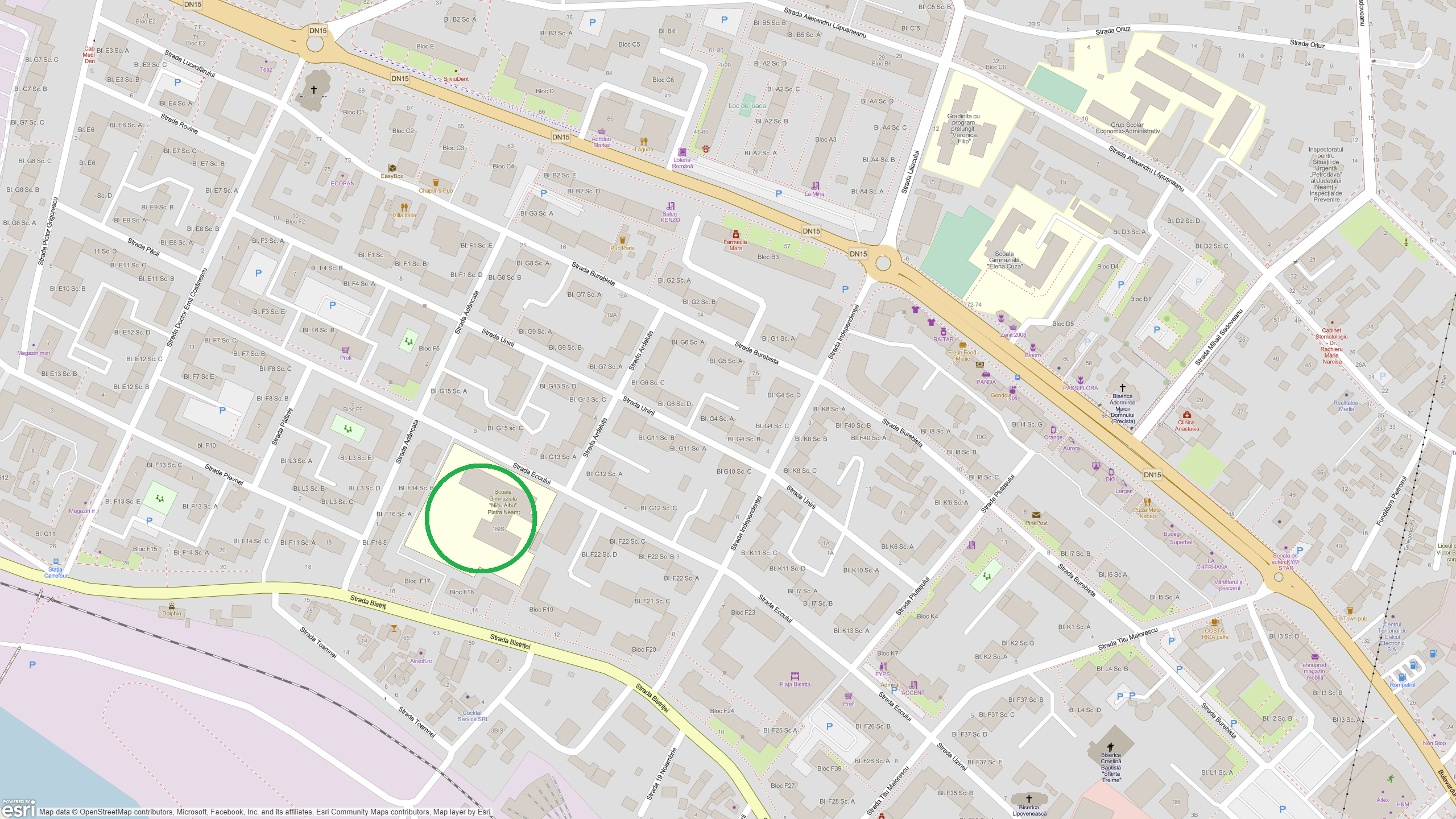 Localizarea pe harta Municipiului Piatra-Neamț a Școlii Gimnaziale „Nicu Albu” Piatra Neamț