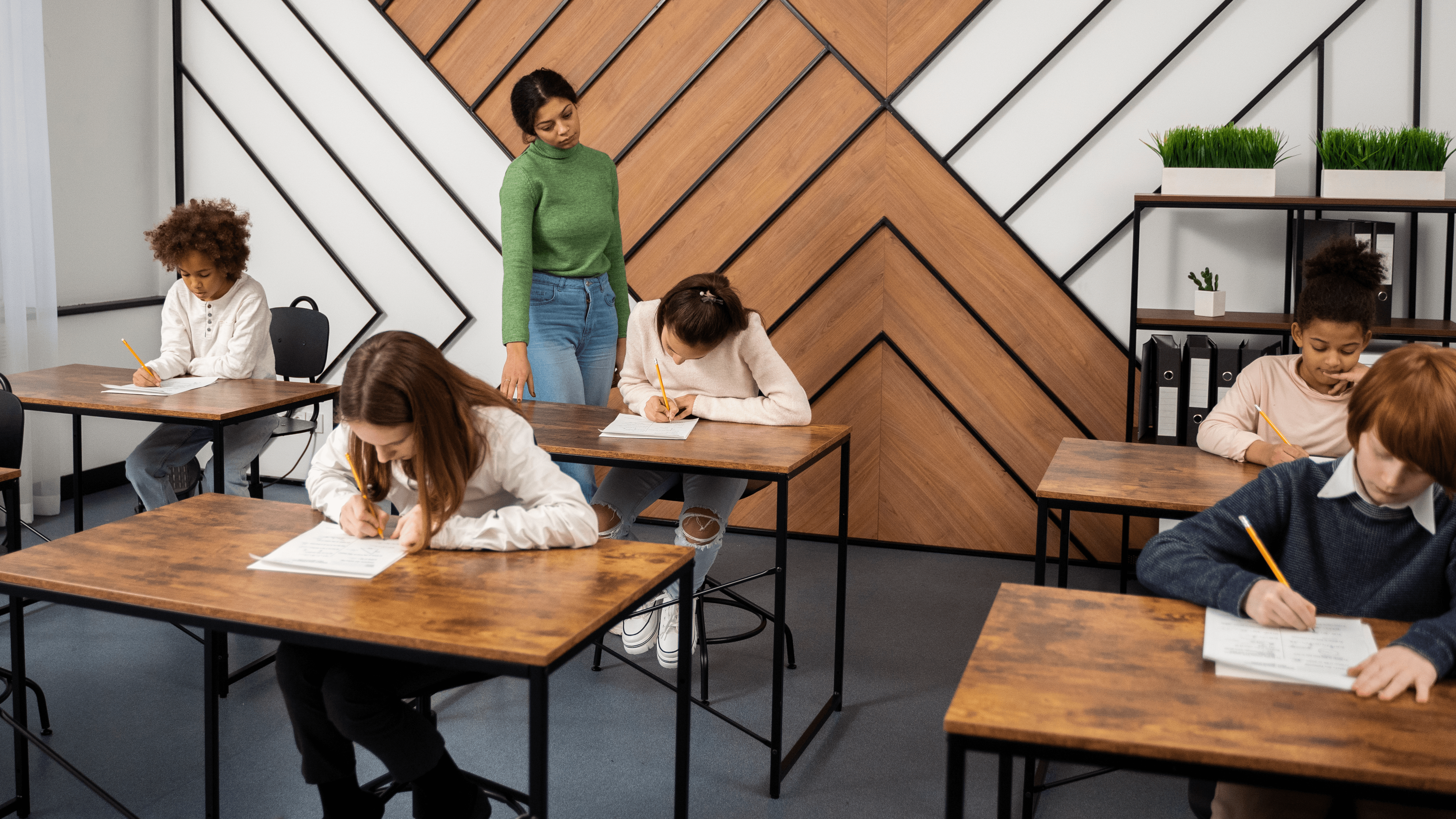 Un profesor supraveghează mai mulți elevi care susțin un test scris la bănci de lemn într-o sală de clasă modernă