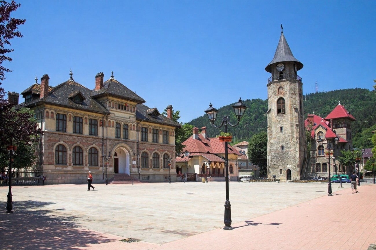 Piața Turnulul lui Ștefan cel Mare din centrul istoric al Municipiului Piatra-Neamț