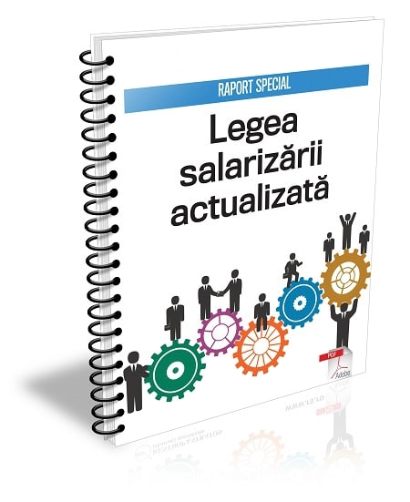 Raport spiralat intitulat „Legea salarizării actualizate”, cu figuri, angrenaje și diagrame ilustrate pe copertă.