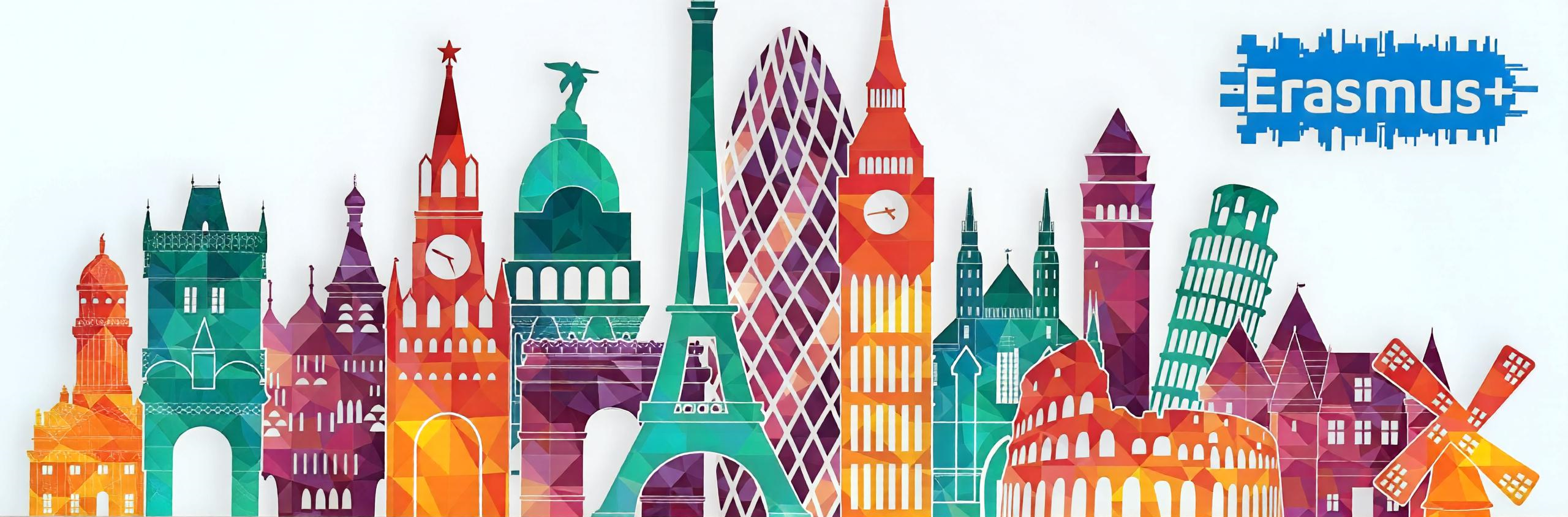 Orizont urban, colorat și abstract, conținând cele mai emblematice repere arhitecturale europene, cu sigla „Erasmus+” în colțul din dreapta sus