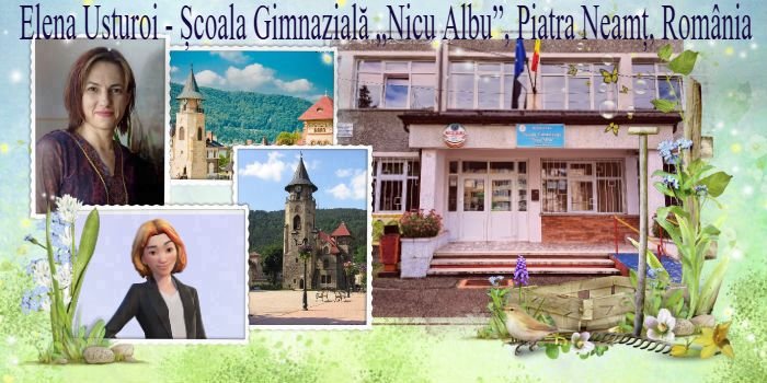 Colaj educațional cu elemente florale, natură și păsări, sugerând educație, patrimoniu local, identitate școlară și comunitate educațională din România, ce conține portretul unei profesoare, imagini cu clădirea școlii și un turn istoric din Piatra-Neamț, alături de o ilustrație tip avatar profesor, iar în partea de sus este textul „Elena Usturoi – Școala Gimnazială „Nicu Albu”, Piatra Neamț, România”