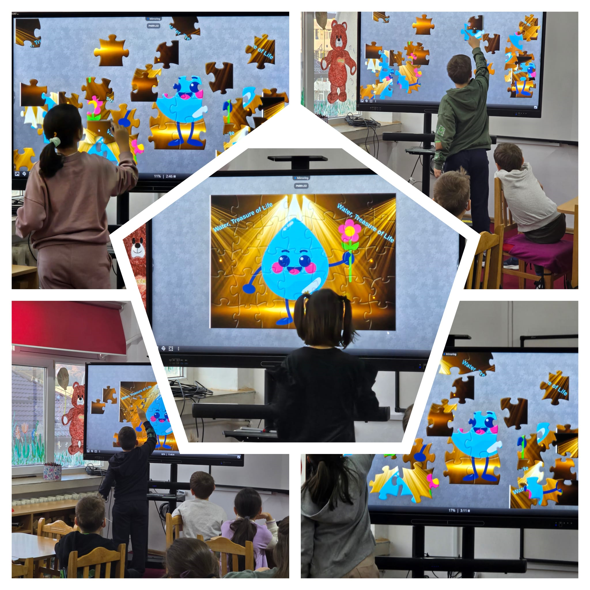 Colaj educațional de fotografii cuprinzând copii de grădiniță care rezolvă un puzzle interactiv pe un ecran tactil mare în sala de clasă, pe ecran fiind piese de puzzle colorate care formează un personaj animat în formă de picătură de apă, cu față zâmbitoare și floare în mână, însoțit de textul, în limba engleză, „Water, Treasure of Life” (Apa, comoara vieții noastre), activități de învățare digitală, colaborare și joc educativ STEM, folosind tehnologie interactivă, dezvoltarea abilităților cognitive și coordonarea mână-ochi în mediul școlar