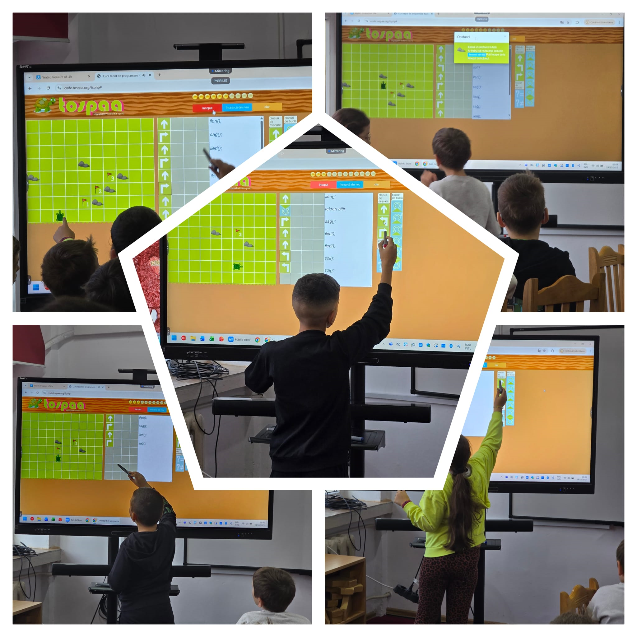 Colaj educațional de fotografii cuprinzând copii de școală primară care folosesc un ecran interactiv tactil pentru activități de programare educațională, pe ecran fiind afișată platforma „TosPaa”, cu o grilă verde, obstacole și comenzi direcționale, unde elevii ghidează un personaj tip broscuță prin instrucțiuni de codare vizuală, imaginea evidențiind învățarea programării pentru copii, educația digitală, gândirea logică și activitățile STEM interactive, cu elevi implicați activ, indicând și selectând comenzi pe tablă inteligentă în mediul școlar