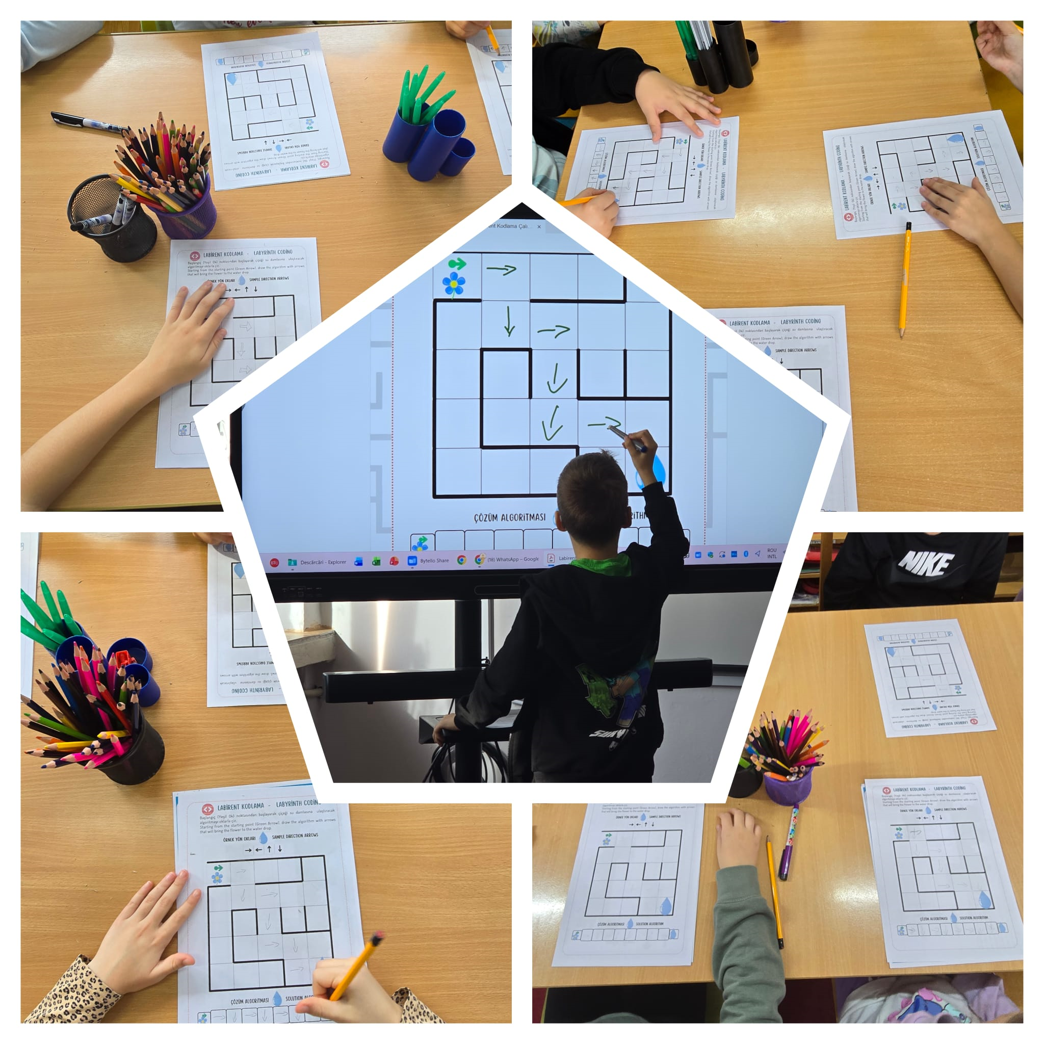 Colaj educațional de fotografii ilustrând o activitate educațională de tip programare fără calculator și gândire algoritmică, cuprinzând mai mulți elevi care lucrează în bănci, completând fișe de lucru cu labirinturi și grile, marcate cu săgeți direcționale (sus, jos, stânga, dreapta), specifice exercițiilor de algoritmi pentru copii, pe fișe apărând textul educațional despre rezolvarea labirintului și textul, în limba turcă, „çözüm algoritması” (algoritmul de soluționare), iar copiii trasează rutele corecte cu creionul, în centru, un elev desenează traseul pe un ecran interactiv digital, unde este afișat un labirint mare cu săgeți verzi ce indică pașii algoritmului, pe bănci sunt suporturi cu creioane colorate, markere și pixuri, sugerând un mediu de învățare activ și colaborativ, imaginea reprezintând o lecție STEM despre logică, orientare spațială, rezolvare de probleme și introducere în programare pentru copii, desfășurată într-un cadru școlar modern