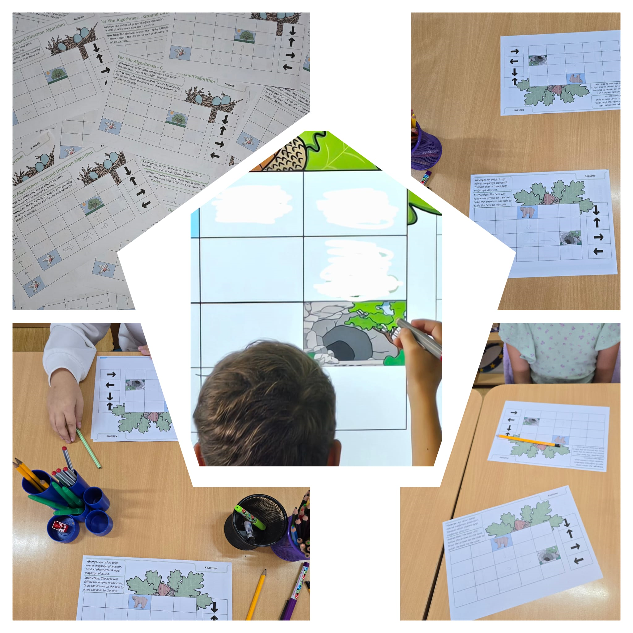 Colaj educațional de fotografii ilustrând o activitate educațională de tip „Yer Yön Algoritması – Ground Direction Algorithm” (Algoritm de navigare), axată pe orientare spațială și gândire algoritmică pentru copii, imaginile surprinzând fișe de lucru tip grilă cu săgeți direcționale (sus, jos, stânga, dreapta) și ilustrații tematice cu animale, copaci, frunze și o peșteră, folosite pentru a ghida personajele pe un traseu logic, pe bănci sunt foi tipărite, creioane colorate, markere și suporturi pentru instrumente de scris, iar elevii completează rutele conform instrucțiunilor, în centrul colajului, un elev trasează soluția pe un ecran interactiv digital, unde este afișată o grilă mare cu desenul peșterii și al mediului natural, imaginea ilustrând o lecție STEM de programare fără calculator, rezolvare de probleme, logică și introducere în programare, desfășurată într-un mediu educațional colaborativ și interactiv