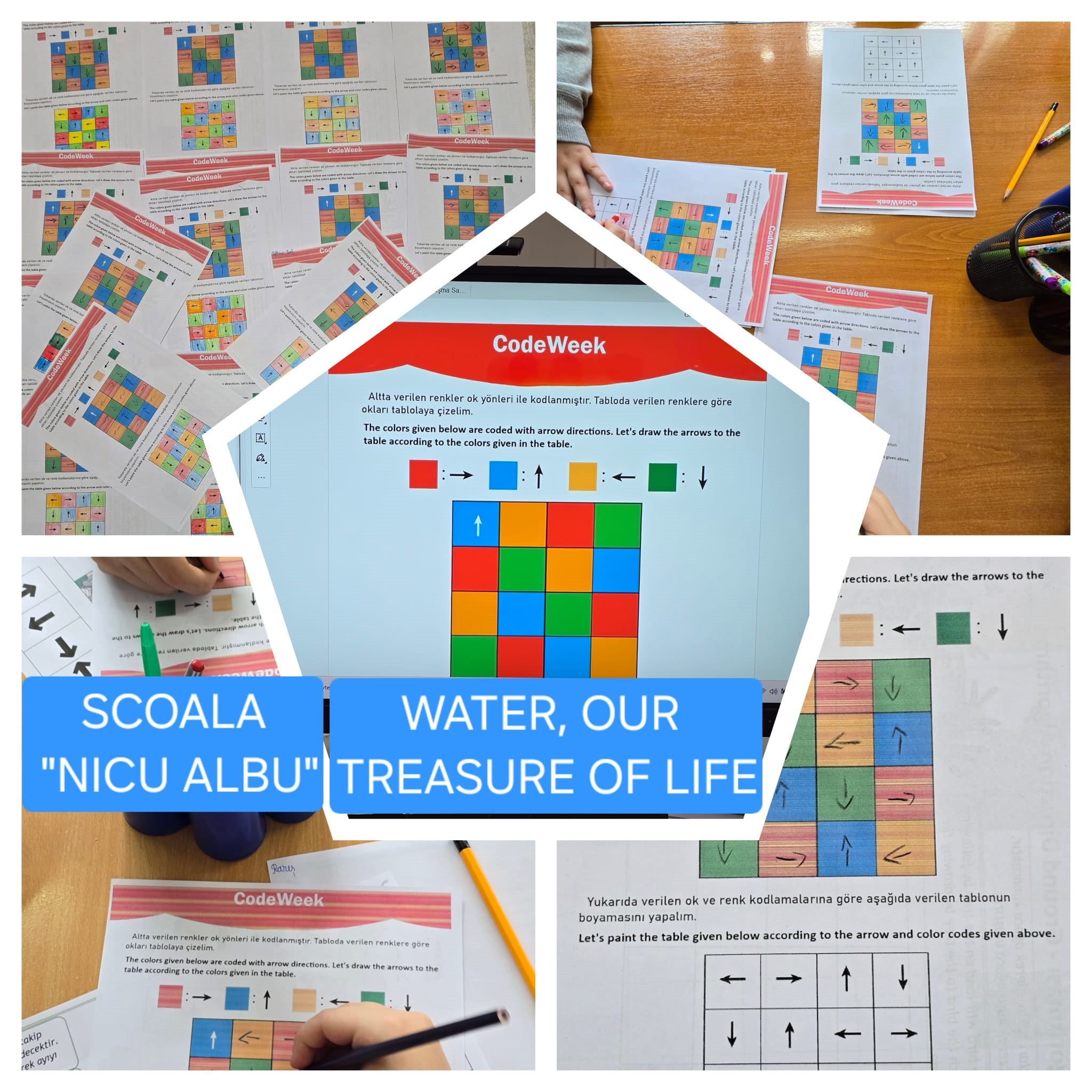 Colaj educațional de fotografii cuprinzând copii de grădiniță care rezolvă un puzzle interactiv pe un ecran tactil mare în sala de clasă, pe ecran fiind piese de puzzle colorate care formează un personaj animat în formă de picătură de apă, cu față zâmbitoare și floare în mână, însoțit de textul, în limba engleză, „Water, Treasure of Life” (Apa, comoara vieții noastre), activități de învățare digitală, colaborare și joc educativ STEM, folosind tehnologie interactivă, dezvoltarea abilităților cognitive și coordonarea mână-ochi în mediul școlar