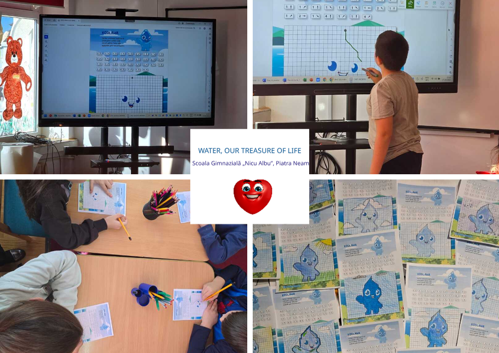 Colaj educațional de fotografii ilustrând educația STEM, programarea fără calculator, învățarea prin joc și conștientizarea importanței apei în mediul școlar, surprinzând o activitate școlară CodeWeek (Săptămâna Europeană a Programării), în care elevi de ciclul primar sunt implicați în exerciții de codare și gândire algoritmică, folosind fișe de lucru și tablă interactivă, în partea superioară sunt ecrane digitale cu grile de coordonate, comenzi de tip săgeți și un personaj picătură de apă, utilizat ca element vizual pentru programare educațională, un elev desenând trasee pe tablă interactivă, urmând instrucțiuni de codare, în partea inferioară, copii lucrează în bănci, colorează și completează fișe tematice cu picături de apă, folosind creioane colorate, în dreapta jos este un ansamblu de lucrări finalizate, reprezentând picătura de apă desenată pe grilă, iar în centru este textul, în limba engleză, WATER, OUR TREASURE OF LIFE” (APA, COMOARA VIEȚII NOASTRE) și textul „Scoala Gimnazială „Nicu Albu”, Piatra Neamț”