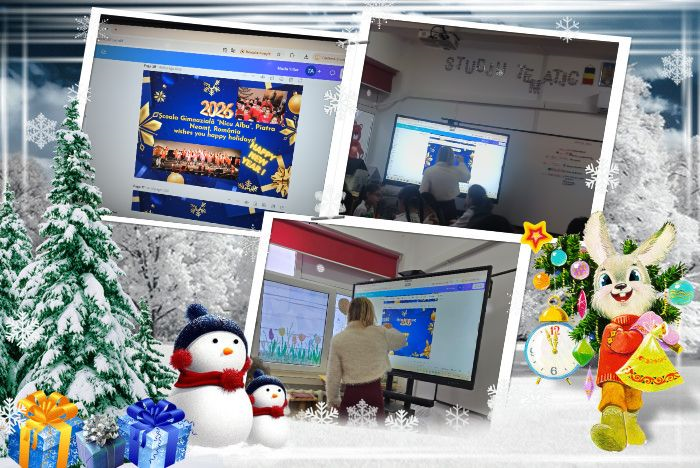 Colaj educațional de fotografii cu tematică de iarnă, realizat într-un context educațional școlar, care surprinde activități digitale desfășurate la Școala Gimnazială „Nicu Albu”, imaginea fiind încadrată într-un decor festiv de iarnă, cu zăpadă, brazi, fulgi de nea, cadouri, om de zăpadă și un iepuraș decorativ, sugerând atmosfera de sărbători, în centru sunt trei fotografii tip polaroid: ecrane interactive din clasă pe care sunt afișate materiale digitale cu mesajul „2023 – Școala Gimnazială Nicu Albu – Piatra Neamț – Wishing you happy holidays” (Vă dorim sărbători fericite), ce conțin cadre didactice și elevi folosind tabla interactivă, lucrând la prezentări grafice cu fundal albastru, elemente festive și simboluri de iarnă, într-o imagine, o profesoară interacționează cu tabla digitală, în alta elevii urmăresc conținutul afișat, decorul clasei include textul „STUDIU TEMATIC” pe perete, colajul ilustrând educația digitală, utilizarea tehnologiei interactive în școală, activități creative de sezon și implicarea elevilor în învățarea modernă, într-un cadru festiv de iarnă