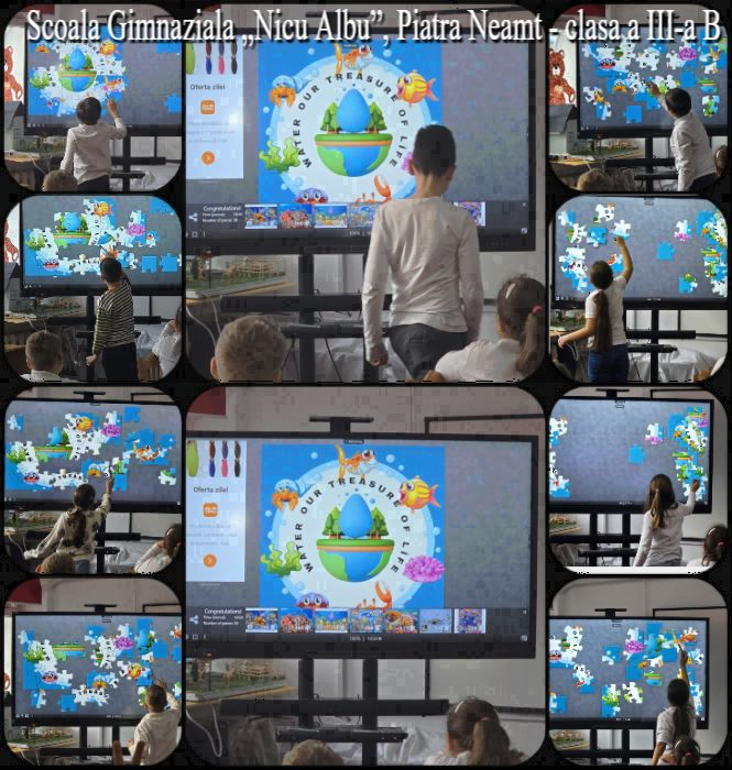 Colaj educațional de fotografii care surprinde elevi lucrând interactiv la tablă digitală, surprinzând mai multe cadre cu copii care mută piese de puzzle pe un ecran mare, desfășurând o activitate didactică digitală ilustrând planeta Pământ, natura, animalele și mediul înconjurător, în partea superioară este textul „Școala Gimnazială „Nicu Albu” Piatra Neamț – clasa a III-a B”, colajul evidențiind utilizarea tehnologiei moderne în educație, învățarea colaborativă, lecțiile interactive, educația ecologică și implicarea activă a elevilor în procesul de predare-învățare