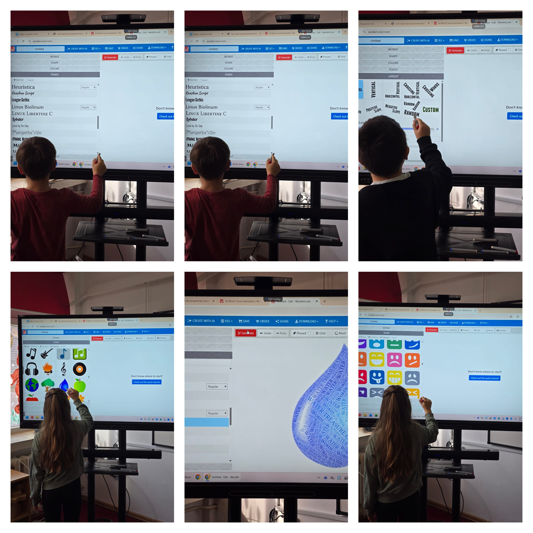 Colaj educațional de fotografii ce surprinde elevi folosind un ecran interactiv tactil într-o sală de clasă, explorând o aplicație de creare grafică și editor de text online pe un monitor mare, colajul prezintă mai multe momente în care elevii ating ecranul pentru a selecta fonturi, forme, pictograme colorate, emoji-uri și opțiuni de layout, inclusiv liste de fonturi, iconițe muzicale, simboluri grafice și fețe expresive, ilustrând educația digitală, învățarea interactivă, utilizarea tehnologiei touchscreen în școală, creativitatea copiilor și activități STEM în clasă, cu accent pe design vizual, aplicații educaționale și colaborare elev–tehnologie