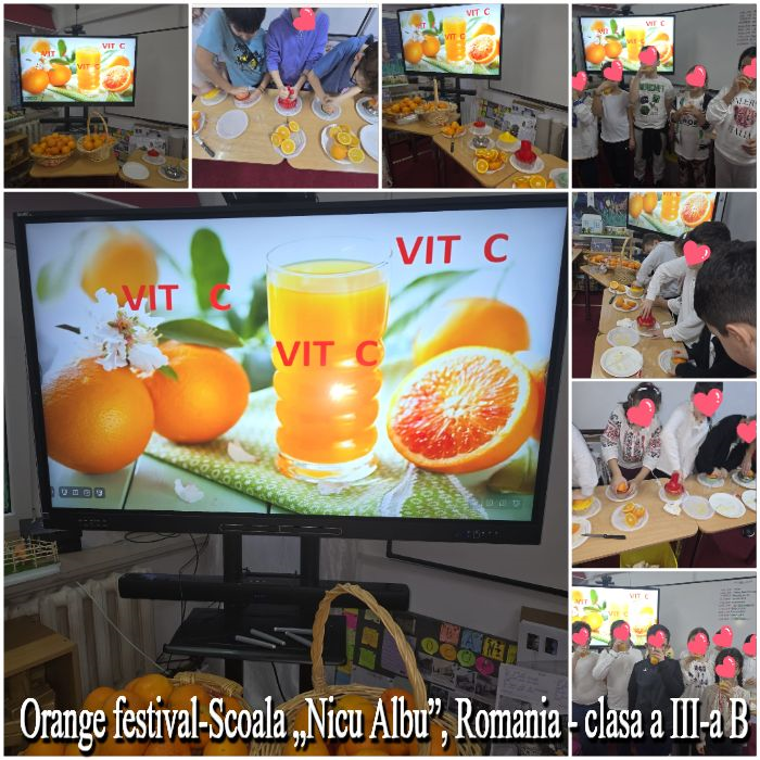 Colaj de fotografii de la Festivalul portocalelor, în care elevii pregătesc și degustă portocale și suc de portocale pe băncile din clasă, pe un ecran este afișată o prezentare despre vitamina C, cu imagini de portocale și un pahar de suc, promovând alimentația sănătoasă, iar în partea de jos, scris cu alb, este textul „Orange festival - Scoala „Nicu Albu”, Romania - clasa a III-a B”