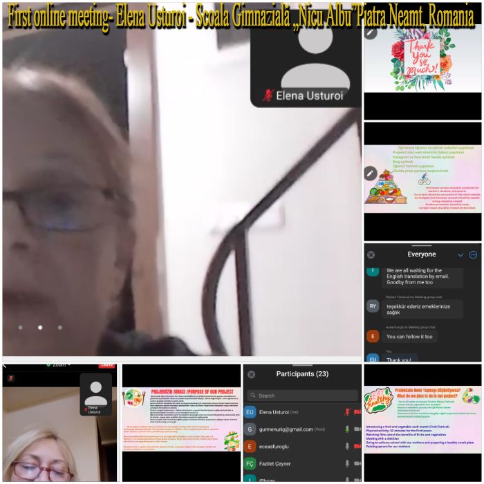 Captură de ecran dintr-o întâlnire online (Zoom), prezentată ca un colaj cu mai multe ferestre: participanți cu și fără imagine video, lista participanților, chat și slide-uri de prezentare, în partea de sus este textul, parțial în limba engleză, „First online meeting – Elena Usturoi – Scoala Gimnaziala „Nicu Albu” Piatra Neamt, Romania” (Prima întâlnire online), sunt vizibile slide-uri tematice, un text grafic, în limba engleză, „Thank you so much!” (Mulțumesc foarte mult!) și mesaje de mulțumire în chat