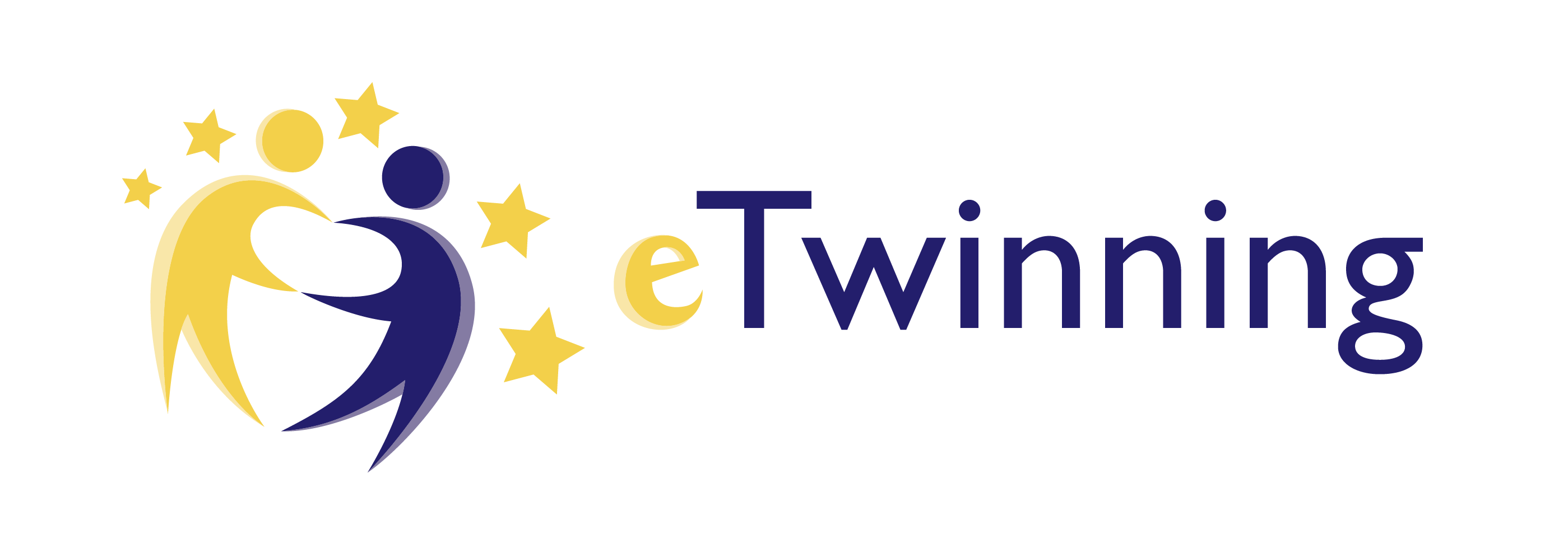 Sigla eTwinning, reprezentată prin două siluete stilizate de persoane care se țin de mâini, una de culoare galbenă, cealaltă de culoare albastru închis, înconjurate de stele europene de culoare galbenă, în dreapta este textul „eTwinning” scris cu albastru închis, litera „e” inițială este de culoare galbenă, iar fundalul siglei este alb