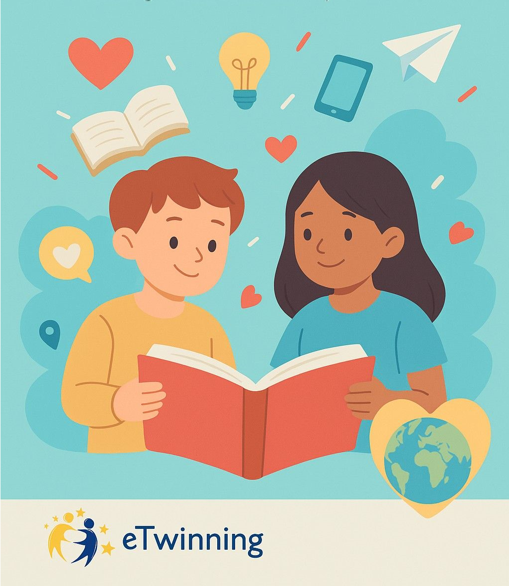 Ilustrație cu un băiat și o fată care citesc împreună o carte roșie deschisă, în jurul lor apar simboluri precum o inimă, un bec, o carte deschisă, un telefon, un avion de hârtie, un glob pământesc în formă de inimă, sugerând învățarea, ideile și conexiunile internaționale., iar în partea de jos este sigla eTwinning