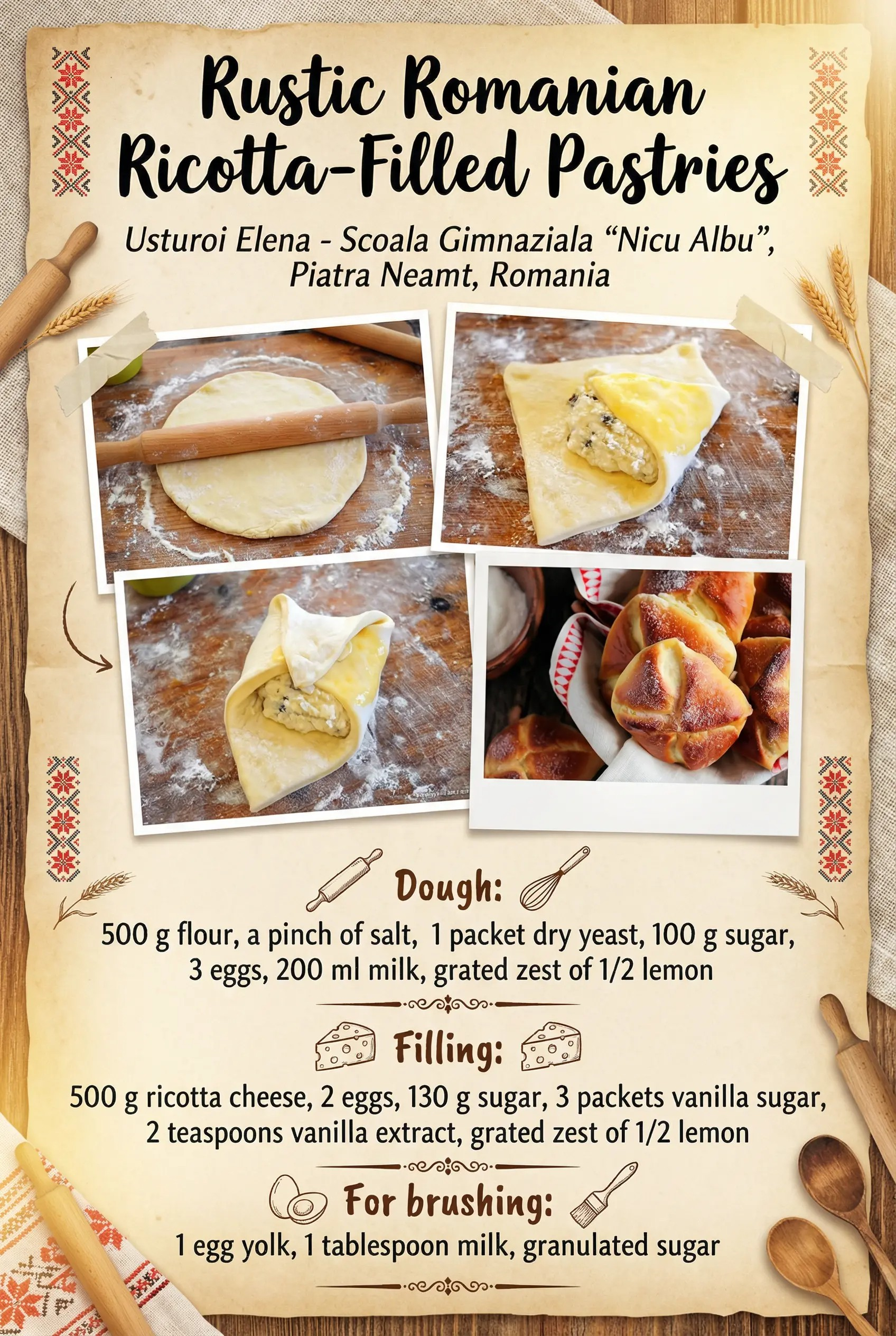 Afiș culinar rustic cu titlul, în limba engleză, „Rustic Romanian Ricotta-Filled Pastries” (Aluaturi rustice românești umplute cu ricotta), realizat de Usturoi Elena – Școala Gimnazială „Nicu Albu” Piatra Neamț, România, cu fundal pergament și motive tradiționale românești, care conține un colaj de fotografii ce prezintă, pas cu pas: aluat întins cu sucitor pe blat presărat cu făină, umplutură de ricotta pe foaie de aluat, plierea colțurilor și produs final – cornuri aurii coapte, presărate cu zahăr și include lista de ingrediente pentru aluat, umplutură și glazurare (făină, drojdie uscată, zahăr, ouă, lapte, coajă de lămâie, ricotta, vanilie), într-un design rustic cu ustensile de bucătărie și spice de grâu