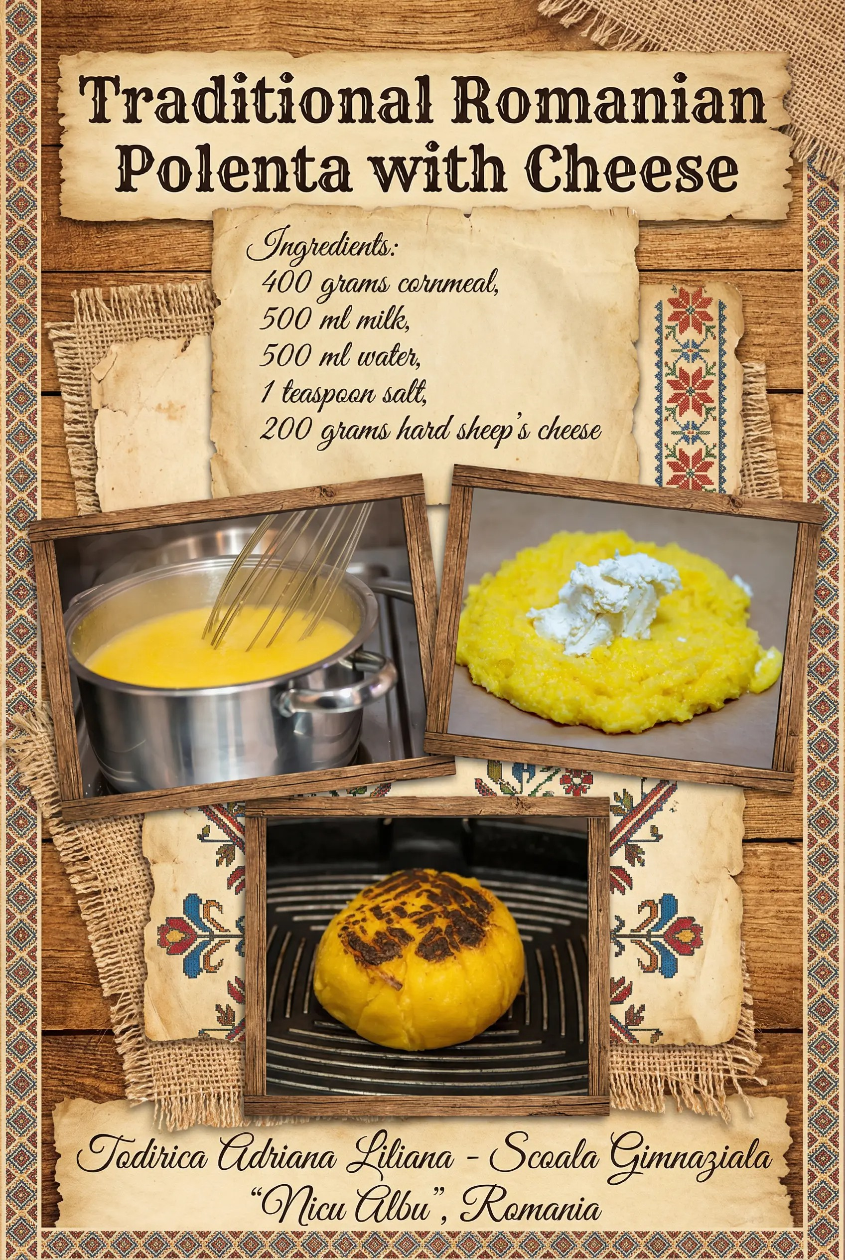 Afiș culinar rustic cu titlul, în limba engleză, „Traditional Romanian Polenta with Cheese” (Mămăligă tradițională românească cu brânză), realizat de Todirică Adriana-Liliana – Școala Gimnazială „Nicu Albu”, România, cu fundal de lemn și pergament vintage decorat cu motive populare românești, care include lista de ingrediente (mălai, lapte, apă, sare, brânză de oaie) și fotografii ce prezintă, pas cu pas: mămăligă galbenă amestecată cu telul într-o oală metalică, porție de mămăligă cremoasă cu brânză albă deasupra și bulz rumenit la grătar