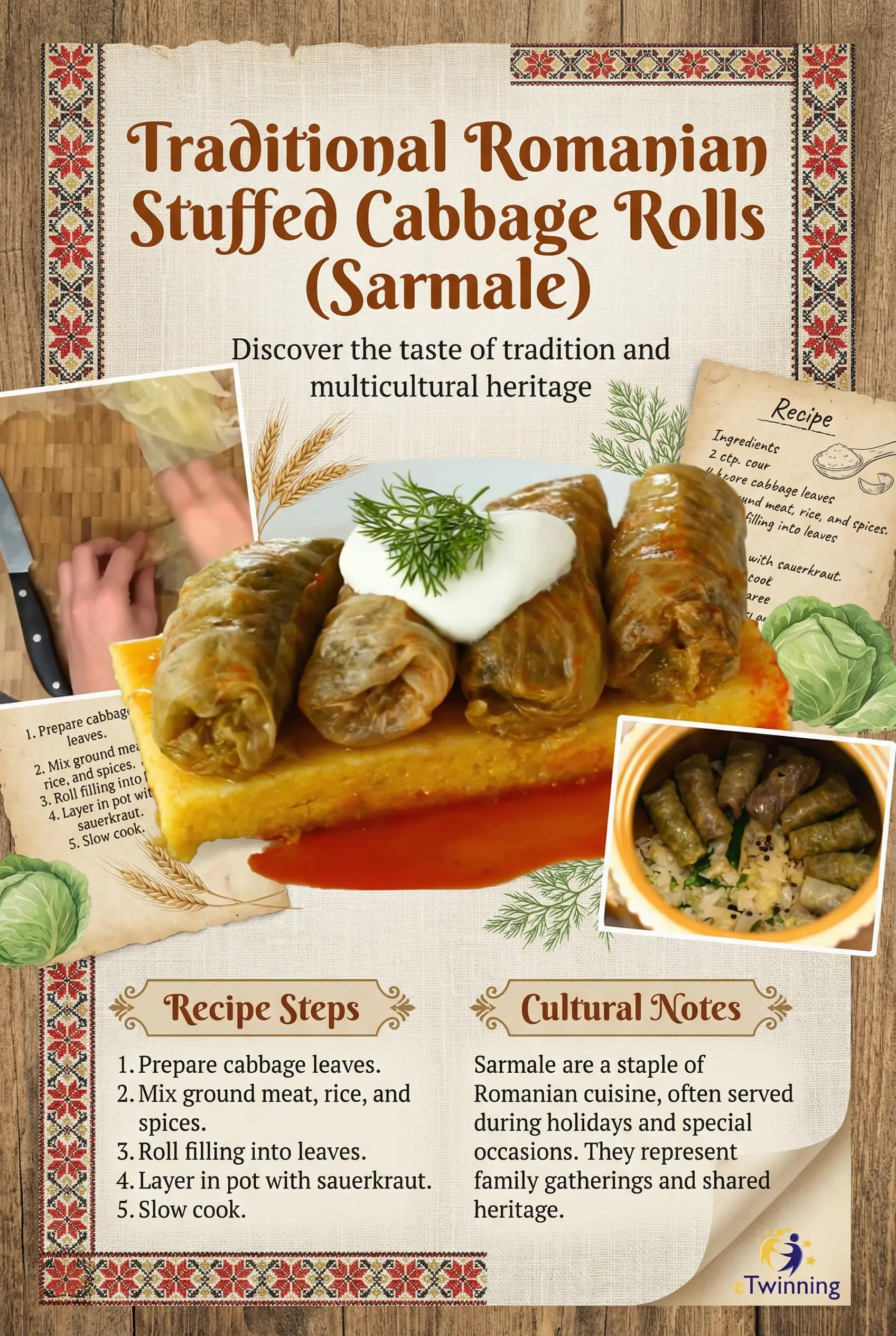 Afiș culinar rustic cu titlul, în limba engleză, „Traditional Romanian Stuffed Cabbage Rolls (Sarmale)”, care prezintă sarmale tradiționale românești: rulouri de varză umplute cu carne și orez, servite pe mămăligă cu sos de roșii, smântână și mărar, alături de pașii rețetei și note culturale, pe fundal rustic cu motive populare românești