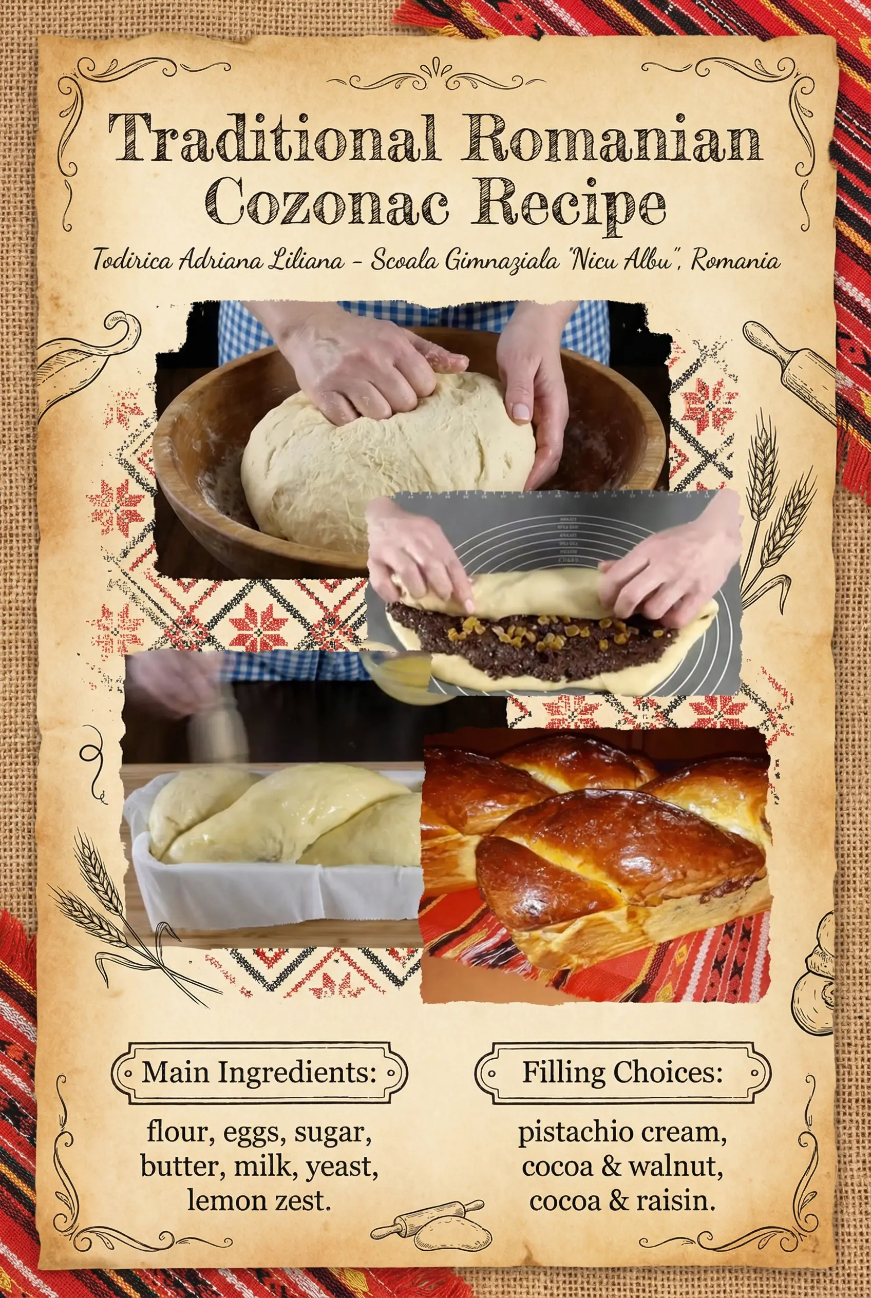 Afiș culinar rustic cu titlul, în limba engleză, „Traditional Romanian Cozonac Recipe” (Rețetă tradițională românească de cozonac), care ilustrează etapele preparării cozonacului tradițional românesc – frământarea aluatului, umplerea cu cacao și nucă sau stafide, modelarea și coacerea – alături de lista ingredientelor principale (făină, ouă, zahăr, unt, lapte, drojdie, coajă de lămâie) și opțiuni de umplutură, pe fundal rustic cu motive populare românești