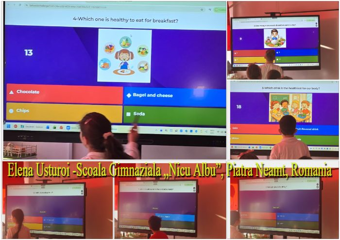 Colaj educațional cu elevi care participă la un chestionar interactiv pe un ecran digital în sala de clasă, răspunzând la întrebări, în limba engleză, precum „Which one is healthy to eat for breakfast?” (Care este sănătos de mâncat la micul dejun?) sau „Which drink is the healthiest for our body?” (Care băutură este cea mai sănătoasă pentru organismul nostru?), pe ecran fiind opțiuni de tip Kahoot precum „Chocolate”, „Bagel and cheese”, „Chips”, „Soda” („Ciocolată”, „Covrig cu brânză”, „Chipsuri”, „Suc”), elevii atingând ecranul pentru a selecta răspunsuri, iar peste imagini este scris textul „Elena Usturoi – Școala Gimnazială „Nicu Albu”, Piatra Neamț, România”