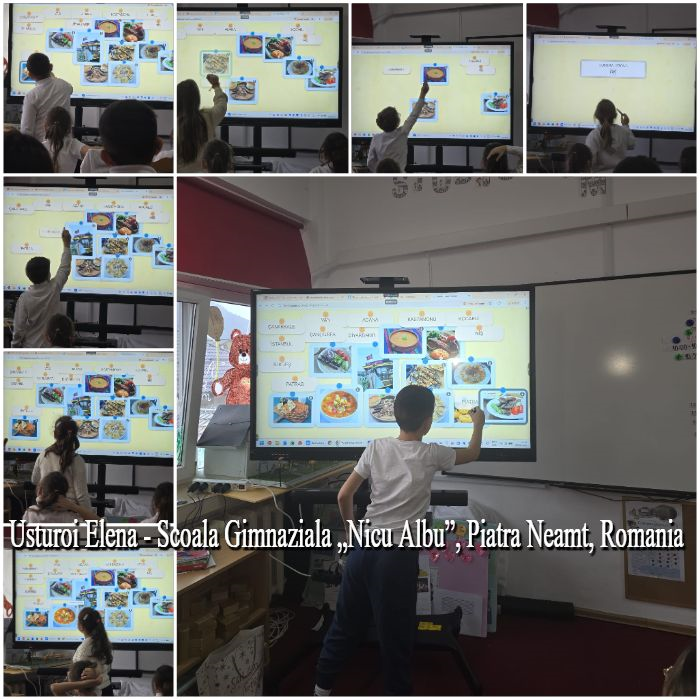 Colaj de fotografii realizate într-o sală de clasă, în care elevi de școală primară lucrează pe o tablă interactivă în timpul unei lecții despre mâncare și categorii alimentare, pe ecranul digital sunt afișate imagini cu diverse preparate (pizza, supă, salată, deserturi) pe un fundal galben, elevii ating și mută imaginile pe tablă în cadrul unei activități educaționale interactive, fiind ghidați de un profesor, alți elevi urmăresc exercițiul interactiv din bănci, iar pe deasupra imaginilor este textul: „Usturoi Elena – Scoala Gimnaziala „Nicu Albu”, Piatra Neamt, Romania”