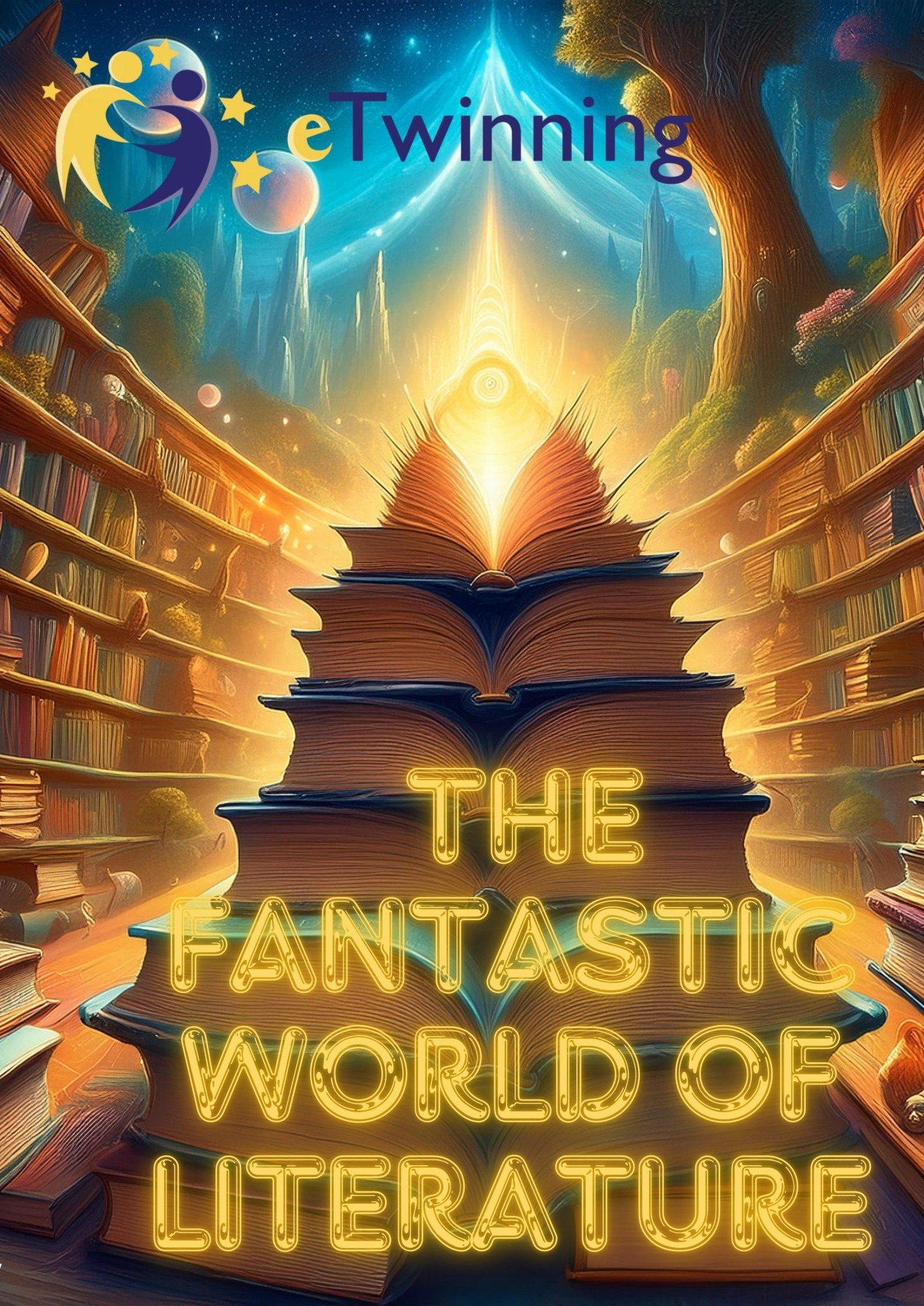 Ilustrație fantastică a unei biblioteci magice, cu un teanc înalt de cărți în centru, din care se deschide o carte luminată puternic, emanând o rază de lumină spre cerul înstelat, rafturi pline de cărți înconjoară scena, iar în partea de sus este sigla eTwinning și, suprapus, cu efect luminos, textul, în limba engleză „THE FANTASTIC WORLD OF LITERATURE” (LUMEA FANTASTICĂ A LITERATURII)