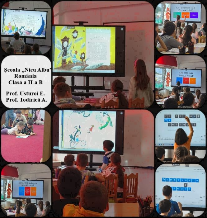 Colaj de fotografii dintr-o clasă primară, care prezintă elevi folosind o tablă interactivă digitală pentru lecții și jocuri educative, rezolvând exerciții de matematică și de limbă română, peste imagini fiind suprapus textul: „Școala Nicu Albu România, Clasa a II-a B, Prof. Usturoi E., Prof. Todirică A.”
