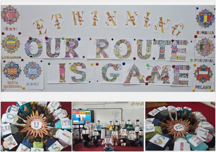 Colaj educațional realizat de elevi cu litere mari, colorate, decorate, care formează mesajul „OUR ROUTE IS GAME” (CALEA NOASTRĂ ESTE JOCUL) pe un perete de clasă, însoțite de desene cu modele geometrice și etichete cu țări participante (România, Portugalia, Polonia, Grecia, Macedonia de Nord, Turcia), în partea de jos apar fotografii cu copii așezați în cerc, lucrând și prezentând desene și materiale de proiect, colajul simbolizând colaborarea internațională, activități creative la clasă, educație interculturală și învățare prin joc