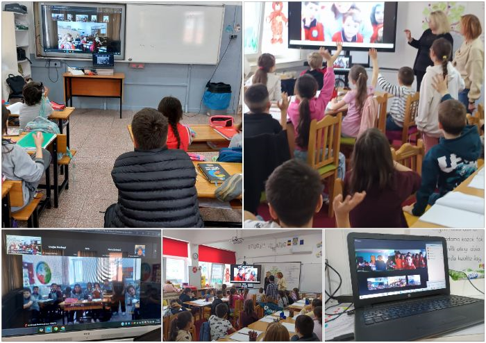 Colaj de imagini dintr-o sală de clasă în care elevii participă la o lecție interactivă online pe un ecran mare, în fața clasei, imagine preluată de pe un laptop, ridicând mâinile în timp ce comunică prin videoconferință cu elevi dintr-o altă sală de clasă, colajul sugerând activități de cooperare educațională prin intermediul tehnologiei