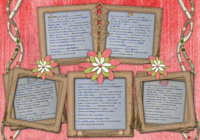 Colaj decorativ cu cinci pagini de caiet scrise de mână, încadrate în rame groase cu flori colorate și model textil, pe fundal roșu deschis, ce conțin compunerile elevilor pentru proiectul educațional „OUR ROUTE IS GAME” (CALEA NOASTRĂ ESTE JOCUL)