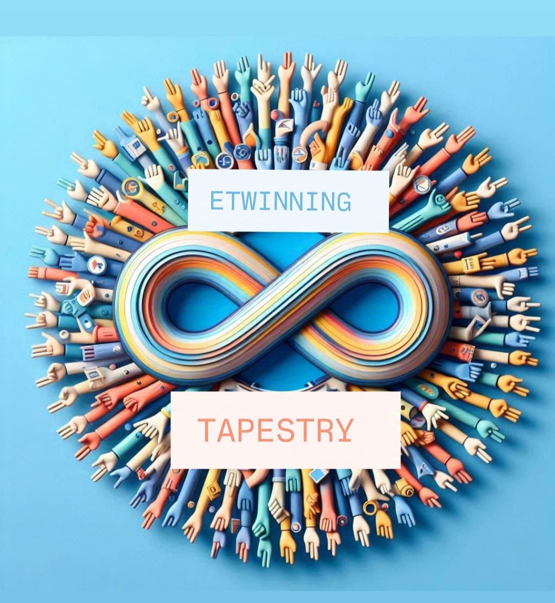 Ilustrație stilizată cu simbolul infinitului în culori curcubeu, plasat în centru, pe fundal albastru deschis, înconjurat radial de numeroase brațe și mâini colorate care se extind spre exterior, deasupra este textul „ETWINNING”, iar dedesubt este textul „TAPESTRY” (TAPISERIE)