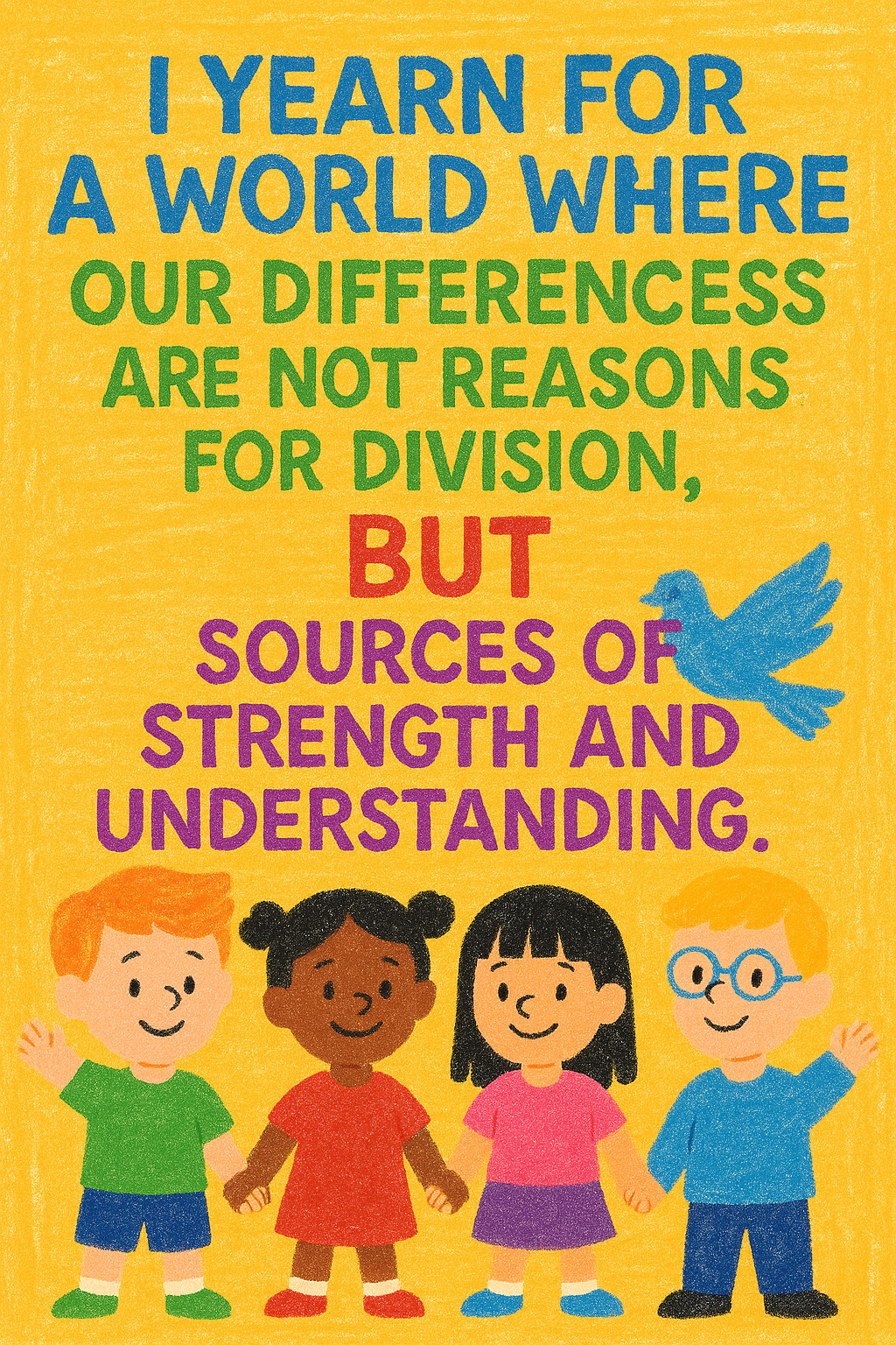 Ilustrație educațională despre diversitate și incluziune cu textul motivațional pe fundal galben, cu culori diferite, în limba engleză, „I YEARN FOR A WORLD WHERE OUR DIFFERENCES ARE NOT REASONS FOR DIVISION, BUT SOURCES OF STRENGTH AND UNDERSTANDING.” (ÎMI DORESC O LUME ÎN CARE DIFERENȚELE NOASTRE NU SUNT MOTIVE DE DIVIZIUNE, CI SURSELE DE PUTERE ȘI ÎNȚELEGERE.), în partea de jos sunt desenați patru copii de etnii diferite ținându-se de mâini, iar în dreapta se află un porumbel al păcii, simbol al armoniei și prieteniei