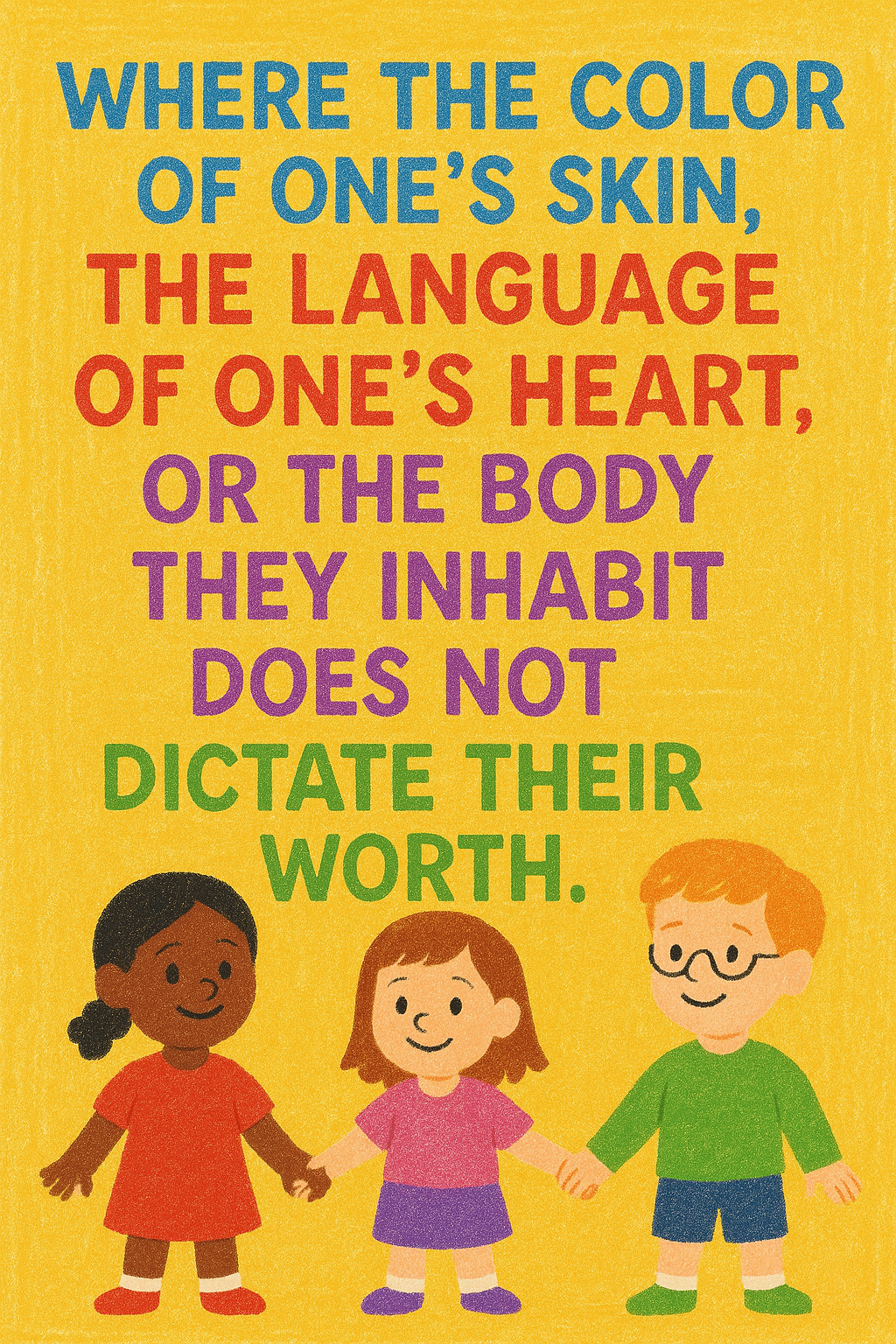 Ilustrație educațională despre egalitate și incluziune cu textul motivațional pe fundal galben, cu culori diferite, în limba engleză, „WHERE THE COLOR OF ONE’S SKIN, THE LANGUAGE OF ONE’S HEART, OR THE BODY THEY INHABIT DOES NOT DICTATE THEIR WORTH.” (UNDE CULOAREA PIELII, LIMBAJUL INIMII SAU CORPUL PE CARE ÎL LOCUIEȘTE NU LE DICTEAZĂ VALOAREA.), în partea de jos sunt desenați trei copii de etnii diferite ținându-se de mâini, simbolizând diversitatea, respectul și acceptarea între oameni