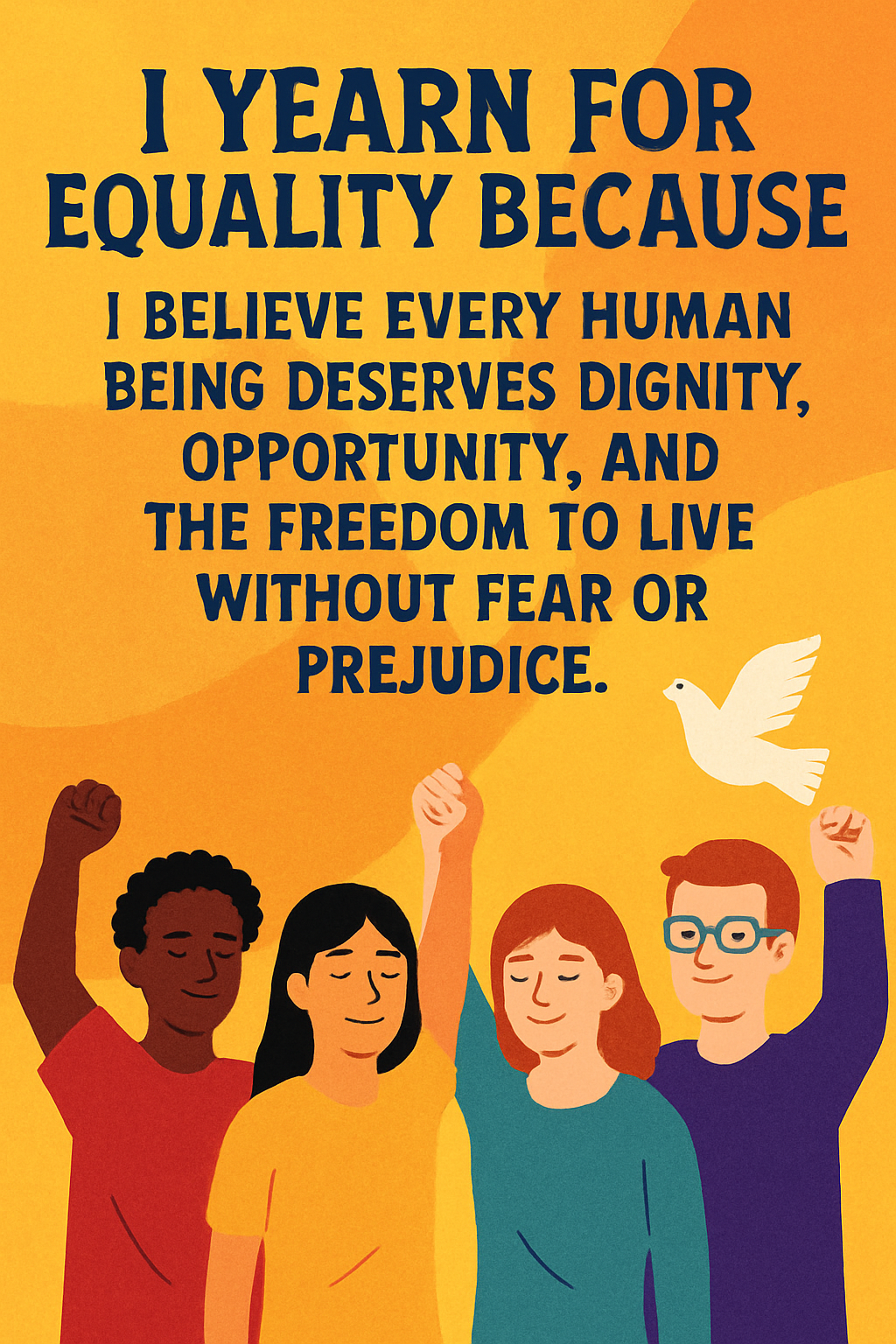 Ilustrație despre egalitate și drepturile omului, în care, pe un fundal galben-portocaliu cald și cu un porumbel alb al păcii zburând în dreapta, este textul, în limba englază, „I YEARN FOR EQUALITY BECAUSE I BELIEVE EVERY HUMAN BEING DESERVES DIGNITY, OPPORTUNITY, AND THE FREEDOM TO LIVE WITHOUT FEAR OR PREJUDICE” (ÎMI DORESC EGALITATE PENTRU CĂ CRED CĂ FIECARE FIINȚĂ UMANĂ MERITĂ DEMNITATE, OPORTUNITATE ȘI LIBERTATEA DE A TRĂI FĂRĂ FRICĂ SAU PREJUDECĂȚI.), iar dedesubt, patru persoane desenate, de rase și culturi diferite, stau umăr la umăr cu pumnii ridicați într-un gest de solidaritate și activism pentru justiție socială