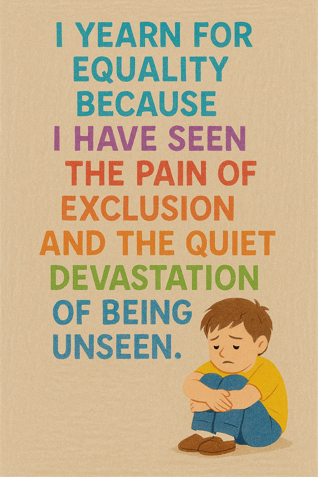 Ilustrație de tip poster despre egalitate și excluziune socială în care, pe un fundal texturat bej, este textul, în culori diferite, în limba engleză, „I YEARN FOR EQUALITY BECAUSE I HAVE SEEN THE PAIN OF EXCLUSION AND THE QUIET DEVASTATION OF BEING UNSEEN.” (TÂNJESC DUPĂ EGALITATE PENTRU CĂ AM VĂZUT DUREREA EXCLUZIUNII ȘI DEVASTAREA LINIȘTITĂ A FAPTULUI DE A FI NEVĂZUT.), iar în colțul din dreapta jos este desenat un copil trist, stând ghemuit cu brațele în jurul genunchilor, sugerând singurătate și marginalizare