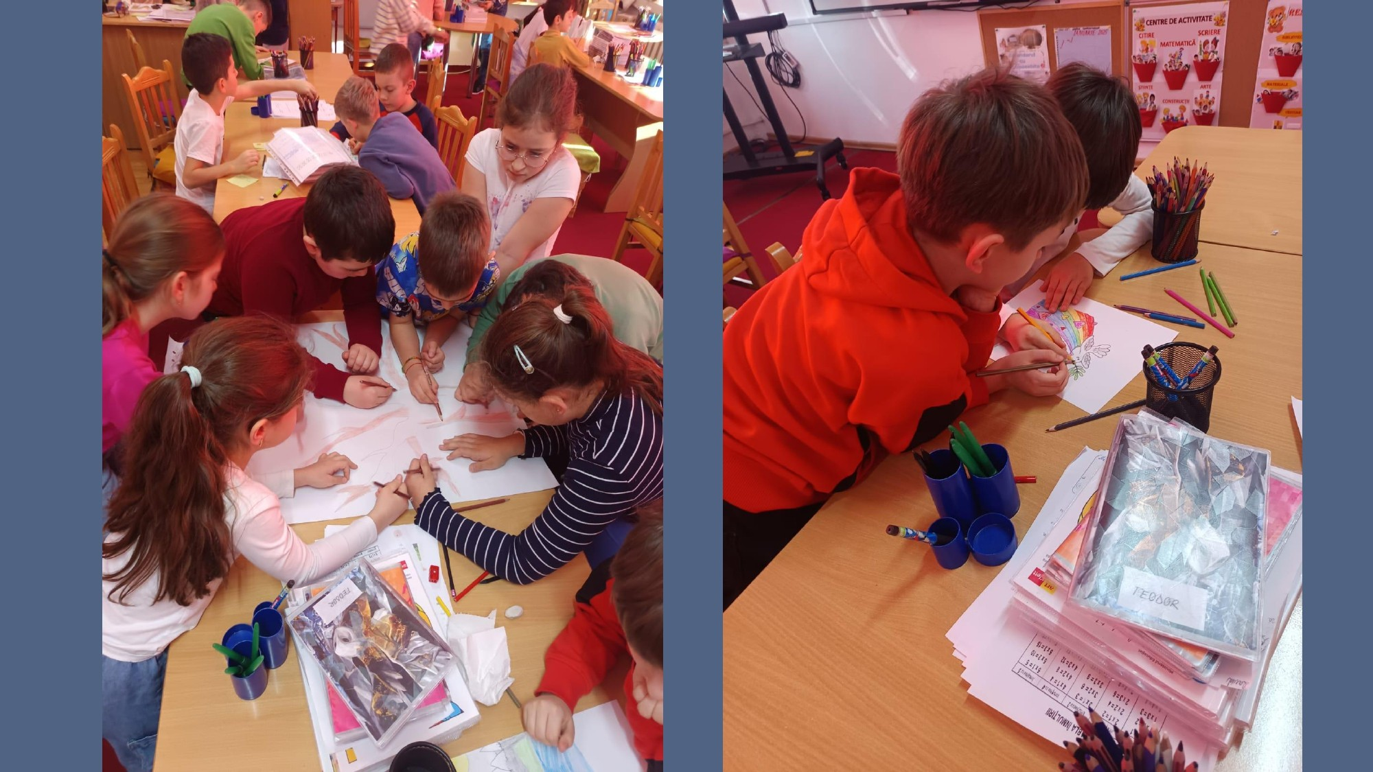 Colaj de două fotografii surprinzând elevi de școală primară colaborând la desenare și colorare într-o sală de clasă, grupați în jurul unei mese cu creioane colorate și foi de lucru, în fundal se vede panoul cu titlul „Centre de activitate”, cu centrele „CITIRE”, „MATEMATICĂ”, „SCRIERE”, iar pe masă sunt materiale educaționale și un caiet etichetat „TEODOR”