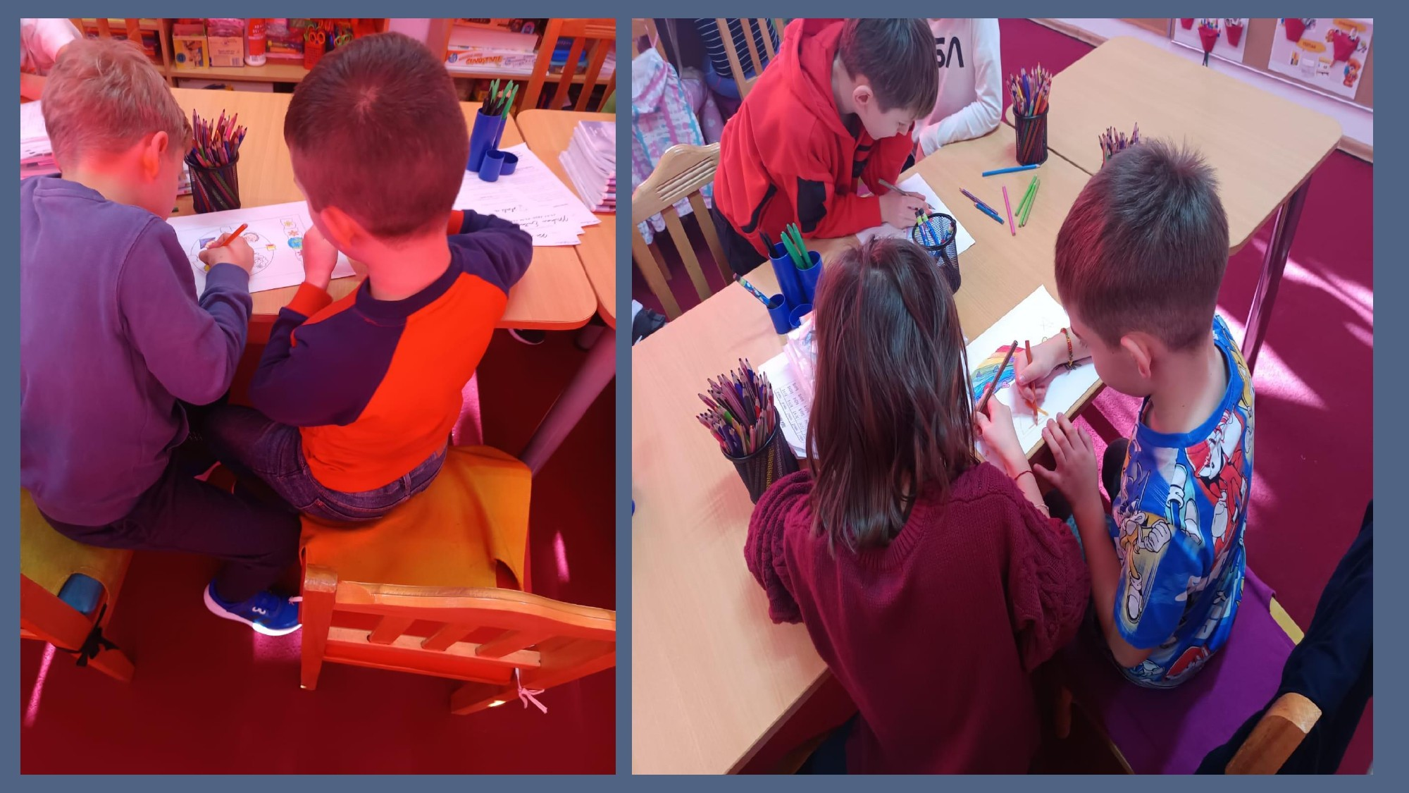 Colaj de două fotografii surprinzând elevi de școală primară lucrând în echipă la o masă în sala de clasă, desenând și colorând pe foi cu creioane colorate, într-un centru de activități educaționale colaborative, cu suporturi pentru creioane și materiale de artă pe bănci
