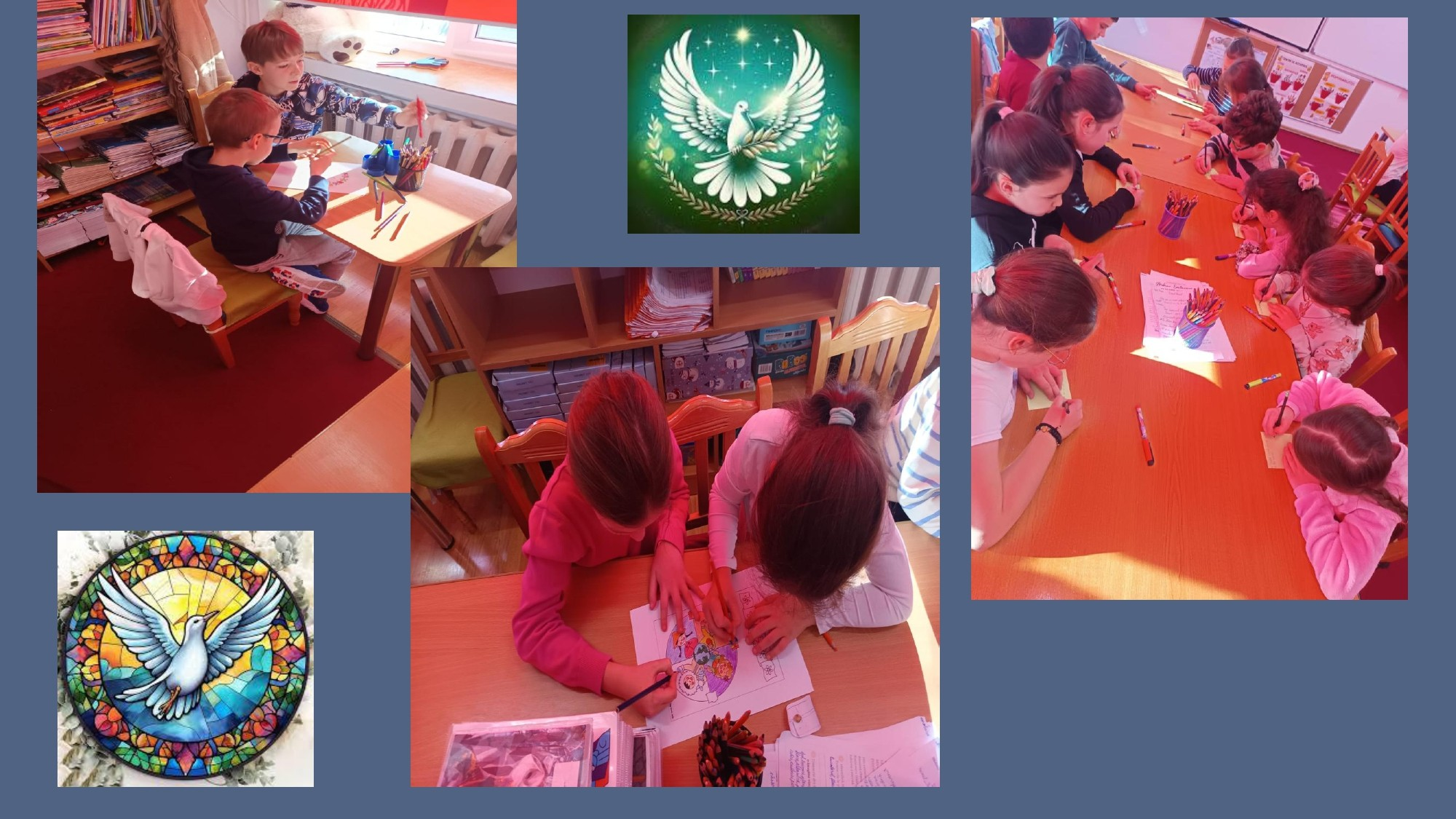 Colaj educațional cu fotografii surprinzând elevi dintr-o clasă de școală primară care colorează și desenează împreună la mese folosind creioane colorate și foi de lucru, într-o activitate artistică colaborativă inspirată de simbolul porumbelului păcii, ilustrat în imagini decorative cu porumbel alb și vitraliu colorat