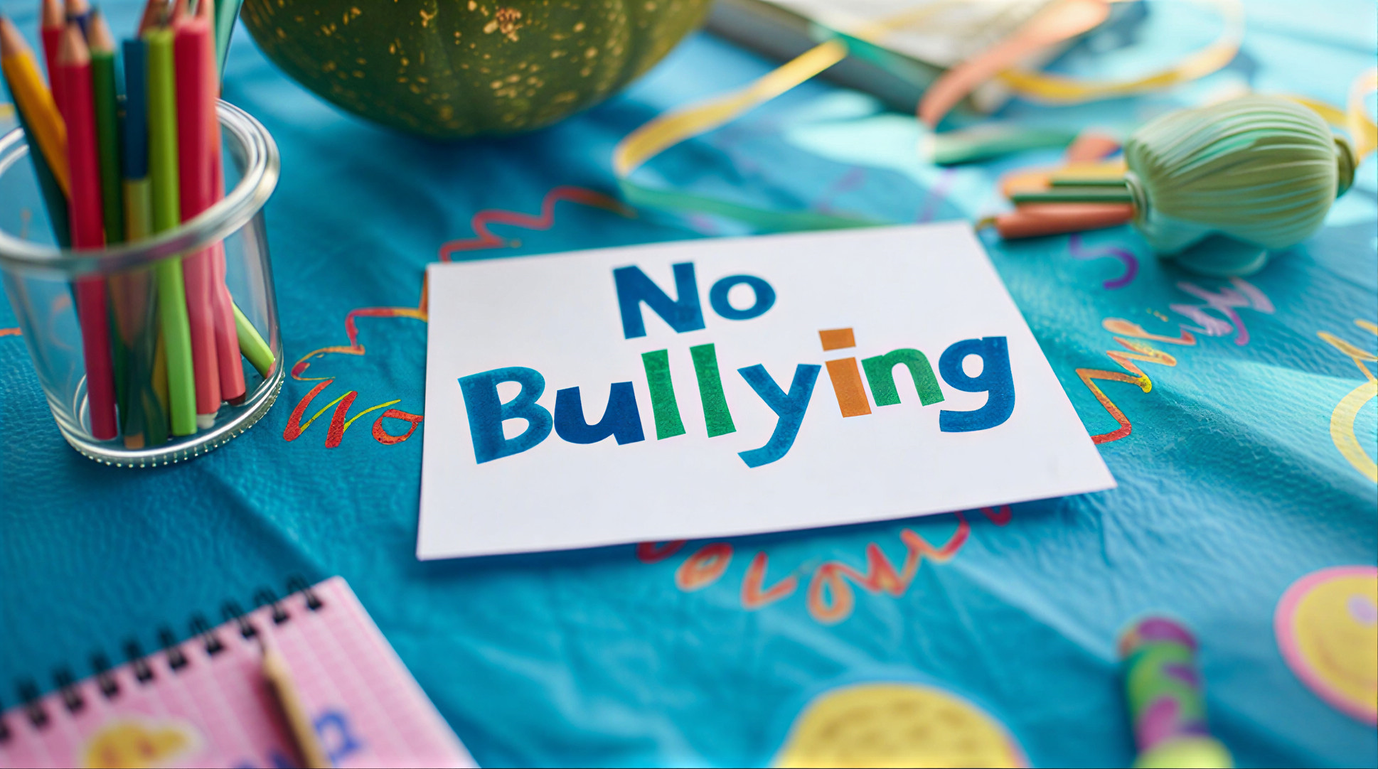 Cartonaș cu mesajul „No Bullying” scris cu litere colorate, așezat pe o masă albastră pentru activități creative, înconjurat de creioane colorate, carioci și rechizite școlare