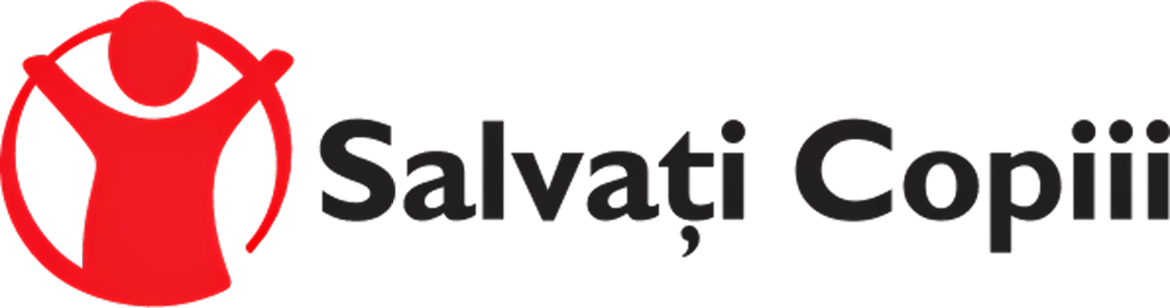 Sigla organizației Salvați Copiii România, reprezentată printr-o siluetă roșie stilizată a unui copil într-o poziție de deschidere, cu brațele ridicate, în interiorul unui cerc roșu, iar în dreapta, cu litere negre pe fond alb, este textul „Salvați Copiii”