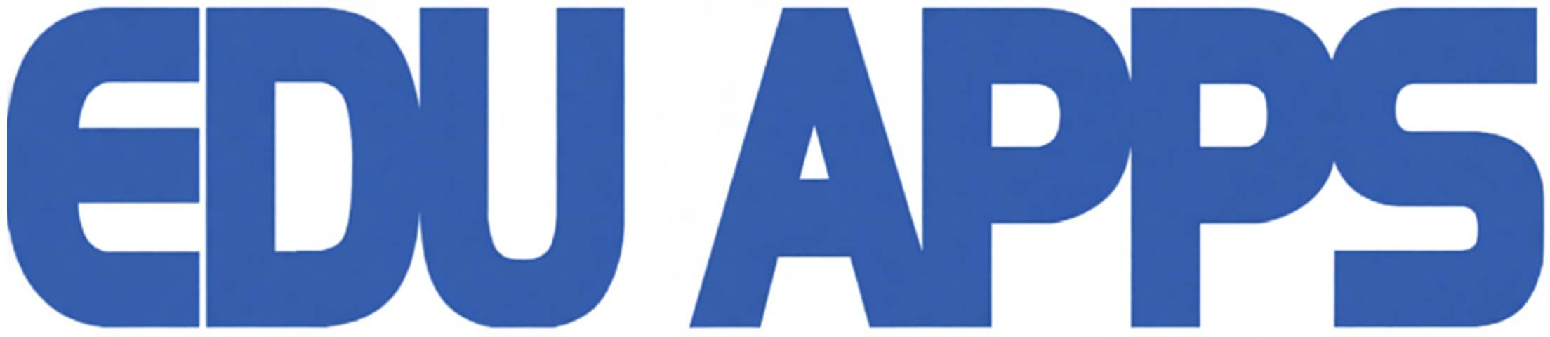 Sigla firmei Edu Apps, reprezentată prin textul „EDU APPS” scris în litere mari albastre îngroșate pe fundal alb