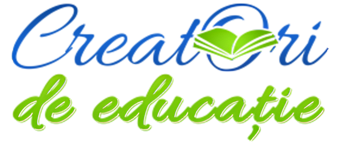 Sigla site-ului web Creatori de educație, reprezentată, în partea de sus, de textul „Creatori” scris cu font cursiv albastru peste care este suprapusă o carte verde deschisă, iar în partea de jos, de textul „de educație” scris cu font cursiv îngroșat verde