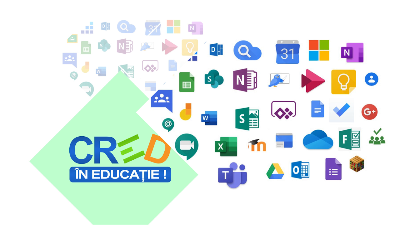 Sigla programului CRED încadrată într-un romb cu fundal verde deschis, în partea stangă, și două colaje suprapuse de iconițe, unul în fundal, în partea de sus, unul în dreapta, care reprezință aplicații și instrumente digitale utilizate în educație, cum ar fi Microsoft Office, Google Suite, aplicații de colaborare și platforme educaționale online