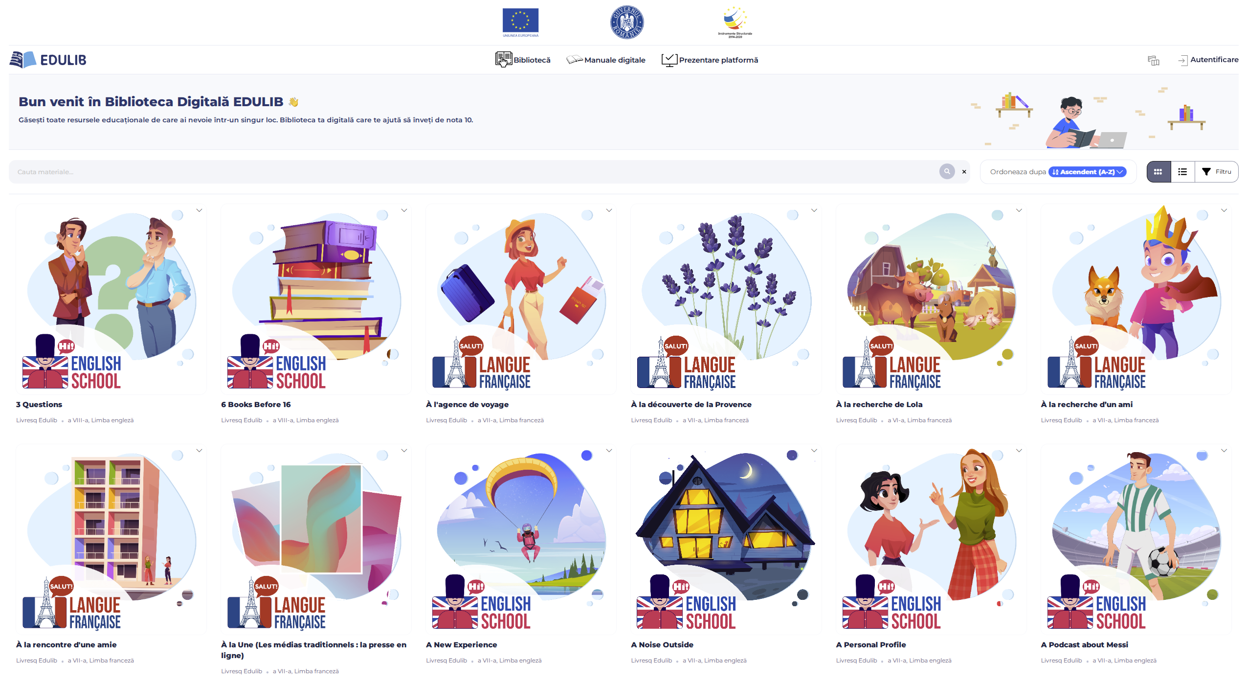 Pagina de pornire a interfeței web a Bibliotecii Digitale EDULIB, care conține siglele Uniunii Europene, Guvernului României și Instrumentelor Structurale 2014-2020, o bară de navigare cu opțiuni precum Bibliotecă, Manuale digitale și Prezentare Platformă, un câmp de căutare și filtre, precum și o colecție de resurse educaționale digitale organizate în carduri ilustrate colorate cu personaje, cărți, peisaje și activități educative
