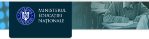 Sigla Ministerului Educației Naționale, însoțită de o imagine cu elevi care scriu la o mese individuale în timpul unui examen