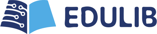 Sigla Bibliotecii digitale EduLib, reprezentată printr-o carte deschisă, pagina stângă cu linii albastru închis ce sugerează circuite electronice, pagina dreapta simplă, de albastru deschis, iar în dreapta, textul „EDULIB”, scris cu albastru închis