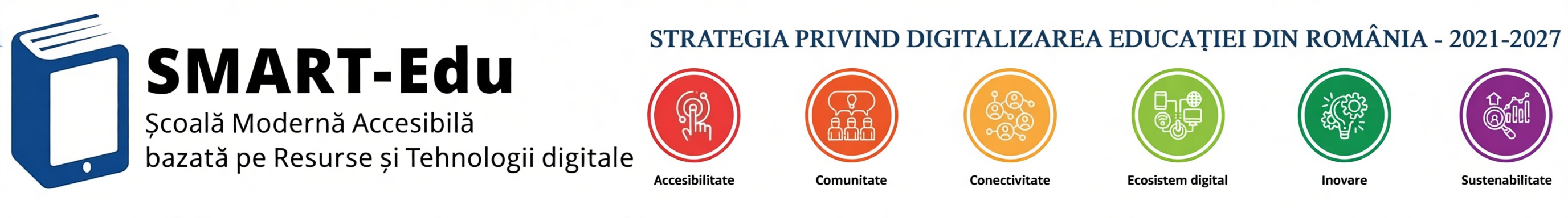 Sigla strategiei naționale „SMART-Edu”, reprezentată printr-o carte groasă albastră cu un telefon mobil alb stilizat pe copertă, în dreapta fiind textul „SMART-Edu Școală Modernă Accesibilă bazată pe Resurse și Tehnologii digitale”, apoi textul „Strategia privind digitalizarea educației din România - 2021-2027”, precum și simbolurile și cuvintele reprezentative pentru aceasta: Accesibilitate, Comunicare, Conectivitate, Ecosistem digital, Inovare, și Sustenabilitate