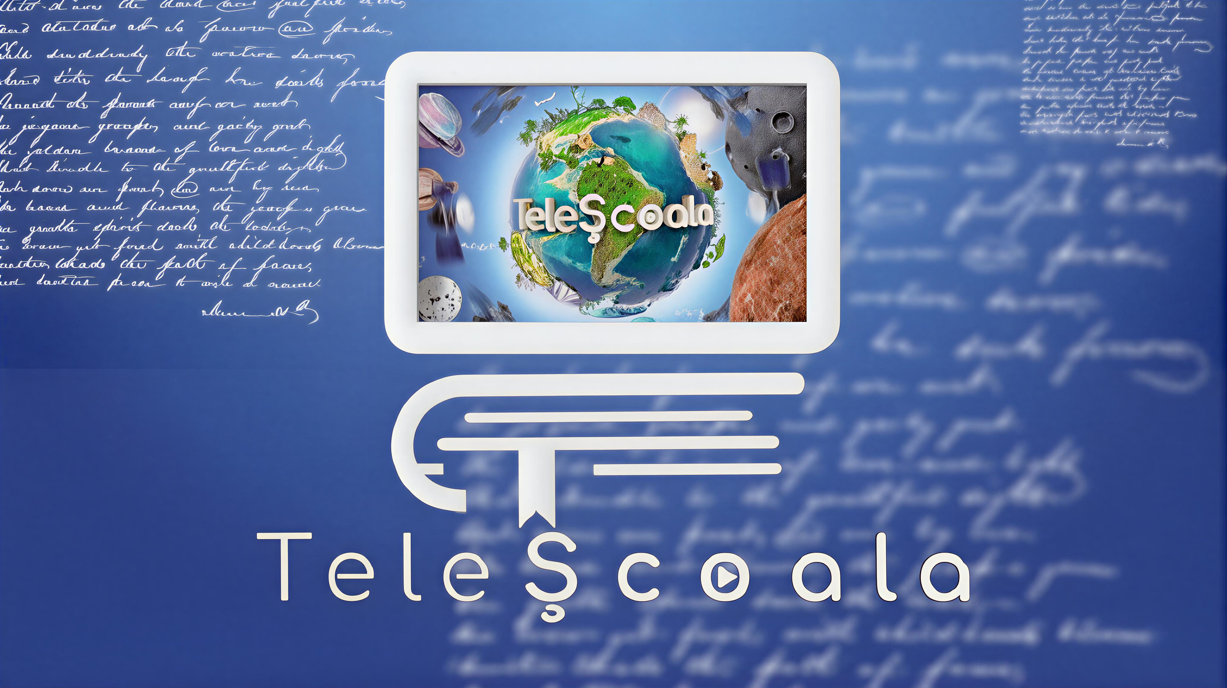 Pe un fundal albastru, pe care este un text scris de mană, de culoare albă, triplat la focalizări diferite, în centru, este un ecran de tabletă albă, pe care este afișat un glob pământesc colorat pe fundal albastru deschis cu nori albi, cu repere importante evidentiate pe suprafață, în jurul căruia se rotește textul „TeleȘcoala”, scris cu alb și litere volumetrice, iar în jurul globului se află planete și sateliți ai sistemului solar, dedesubtul tabletei este schițat, cu alb, un volum gros cu un semn de carte alb între pagini, iar dedesubtul acestuia este scris mare, cu alb, textul „TeleȘcoala”, în litera „o” fiind plasat un buton alb de redare