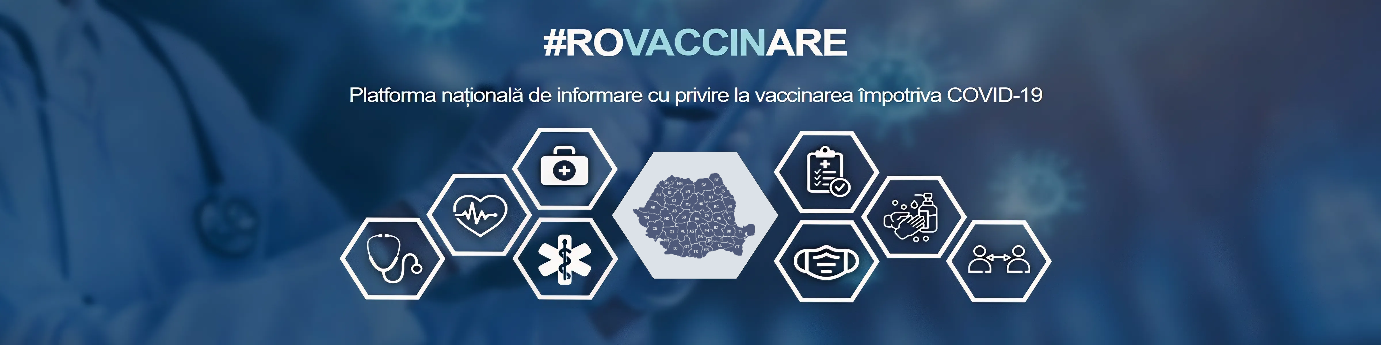 Sigla platformei campaniei de vaccinare împotriva COVID-19, reprezentată din hexagoane interconectate care includ simboluri asociate cu sănătatea și vaccinarea, precum un stetoscop, o seringă, o hartă administrativă a României, deasupra fiind textele „#ROVACCINARE” și „Platforma națională de informare cu privire la vaccinare împotriva COVID-19”