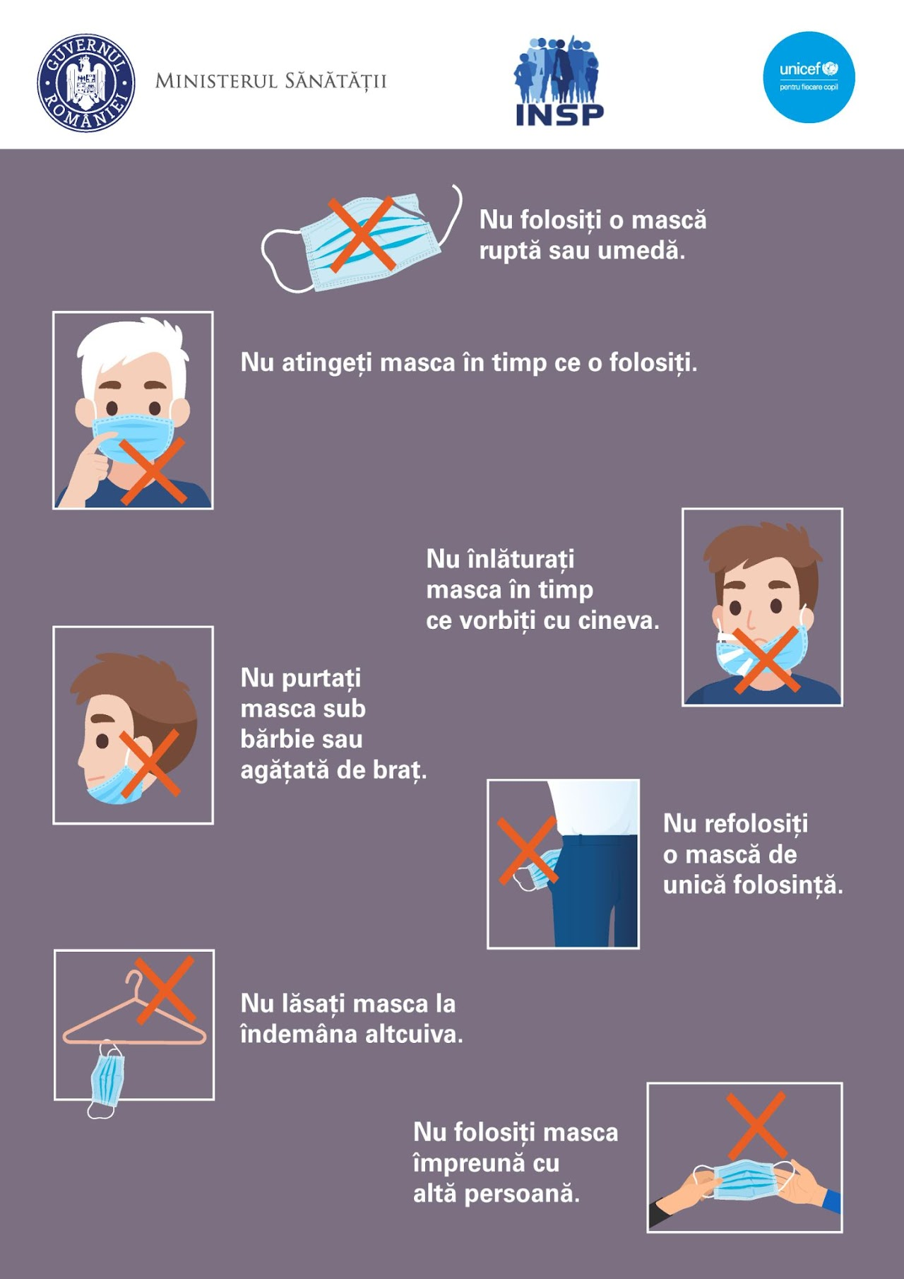 Afiș informativ care ilustrează greșelile de evitat atunci când se folosește masca medicală de protecție, prin precizarea că nu trebuie folosită o mască ruptă sau umedă, nu trebuie atinsă masca în timp ce este purtată, nu trebuie îndepărtată masca în timp ce se vorbește cu cineva, nu trebuie purtată masca sub bărbie sau agățată de braț, nu trebuie lăsată masca la îndemâna altcuiva, nu trebuie refolosită o mască de unică folosință, de asemenea, se recomandă să nu fie împărțită masca cu altă persoană, ilustrațiile fiind clare și educative, având scopul de a încuraja utilizarea corectă a măștii pentru protecție împotriva COVID-19, iar în partea de sus se află siglele Ministerului Sănătății, INSP și UNICEF